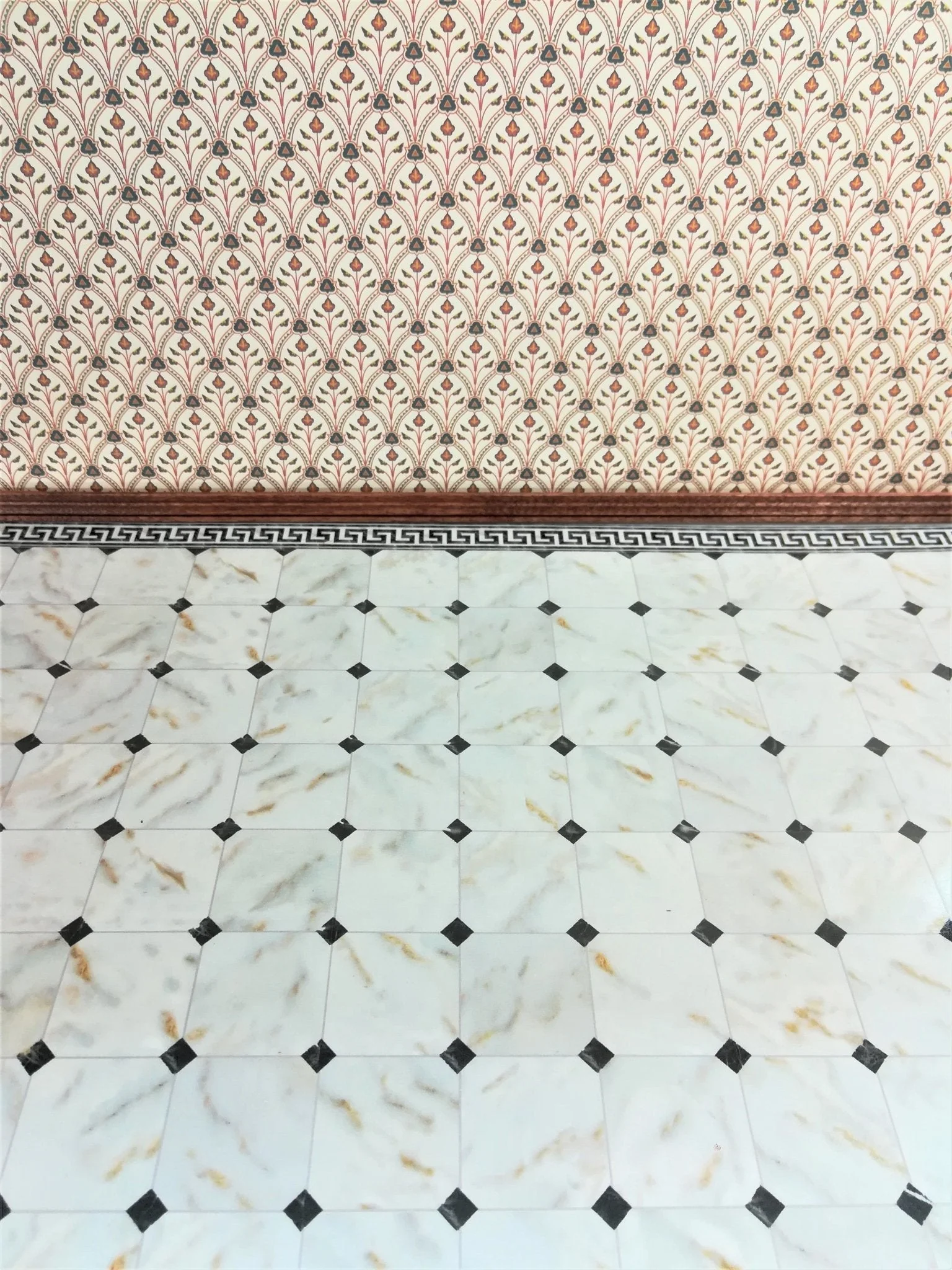 Dollhouse Miniature Black & White Marbled Tile Flooring with Diamonds and Border 1:12 Scale - Image 3