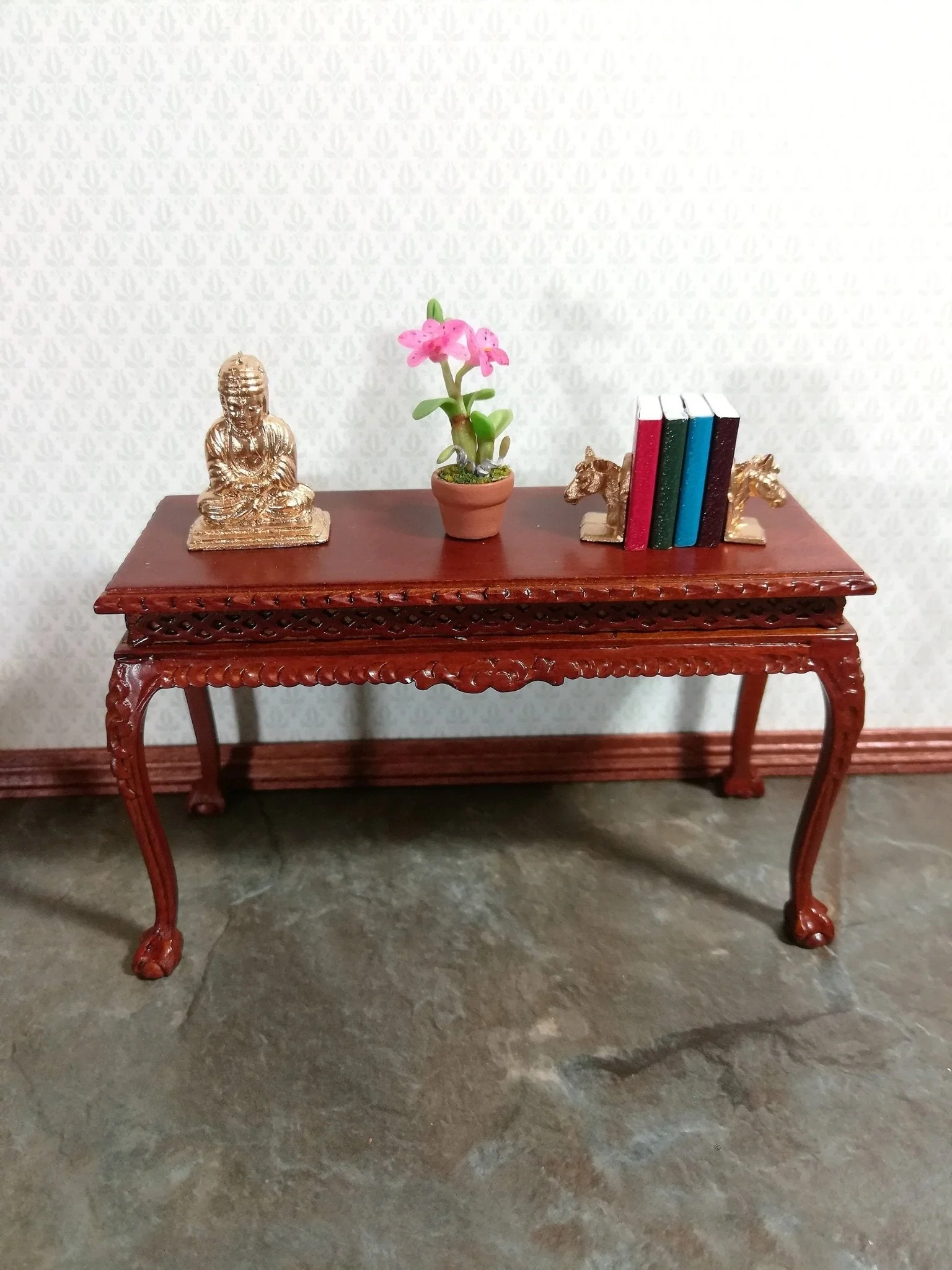Dollhouse Miniature Buddha Statue Small Gold Tone Metal Statue 1:12 Scale - Image 3