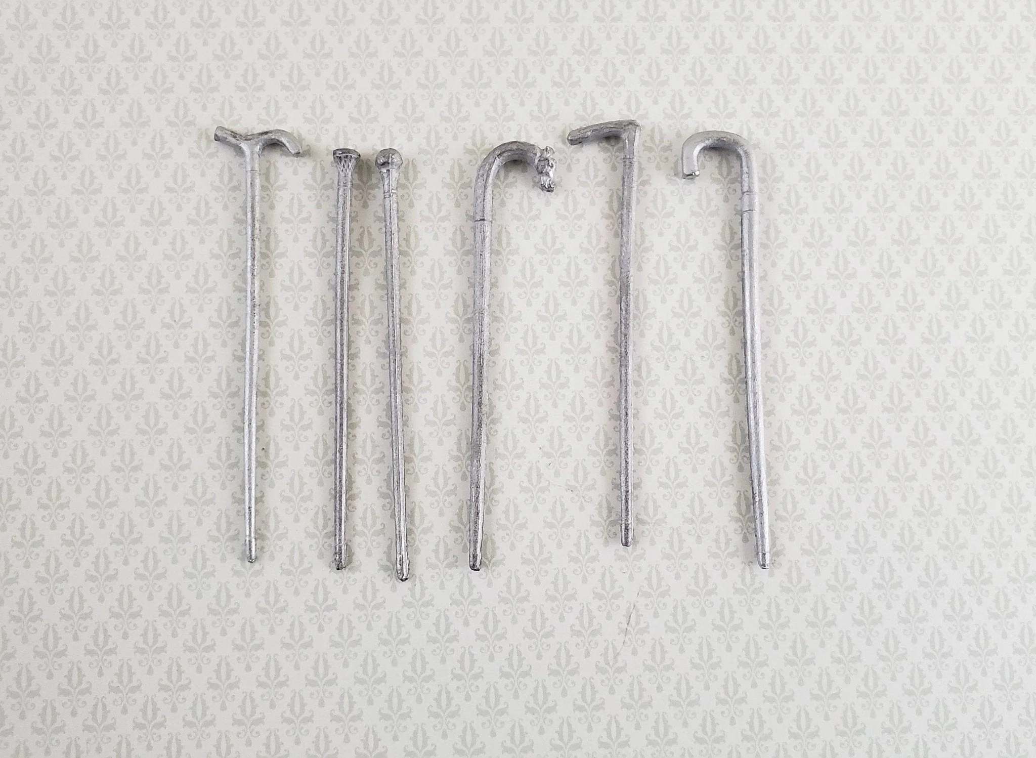 Dollhouse Miniature Cane Set x6 Cast White Metal 1 Horse Head 1:12 Scale