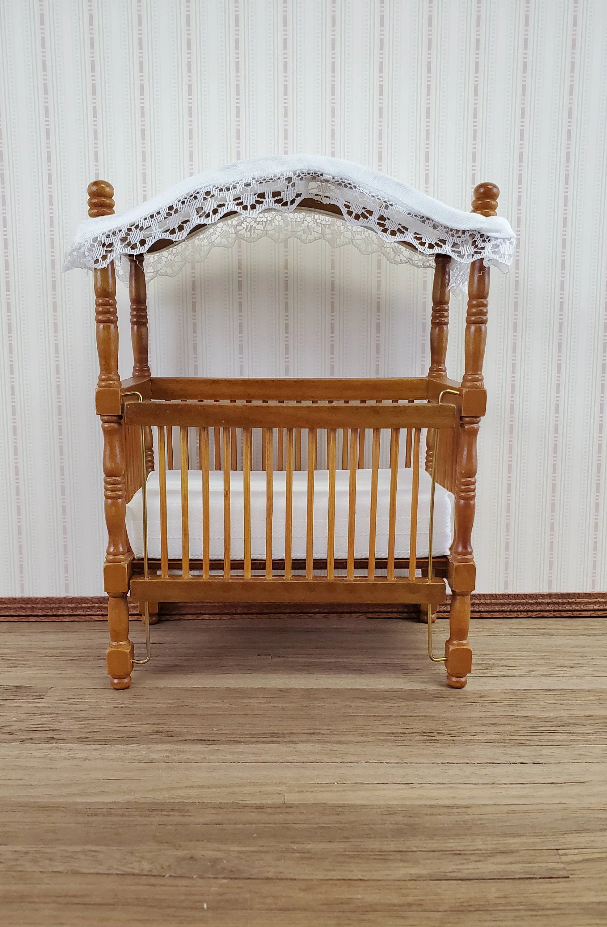 Dollhouse Miniature Canopy Crib Walnut Finish 1:12 Scale Nursery Furniture