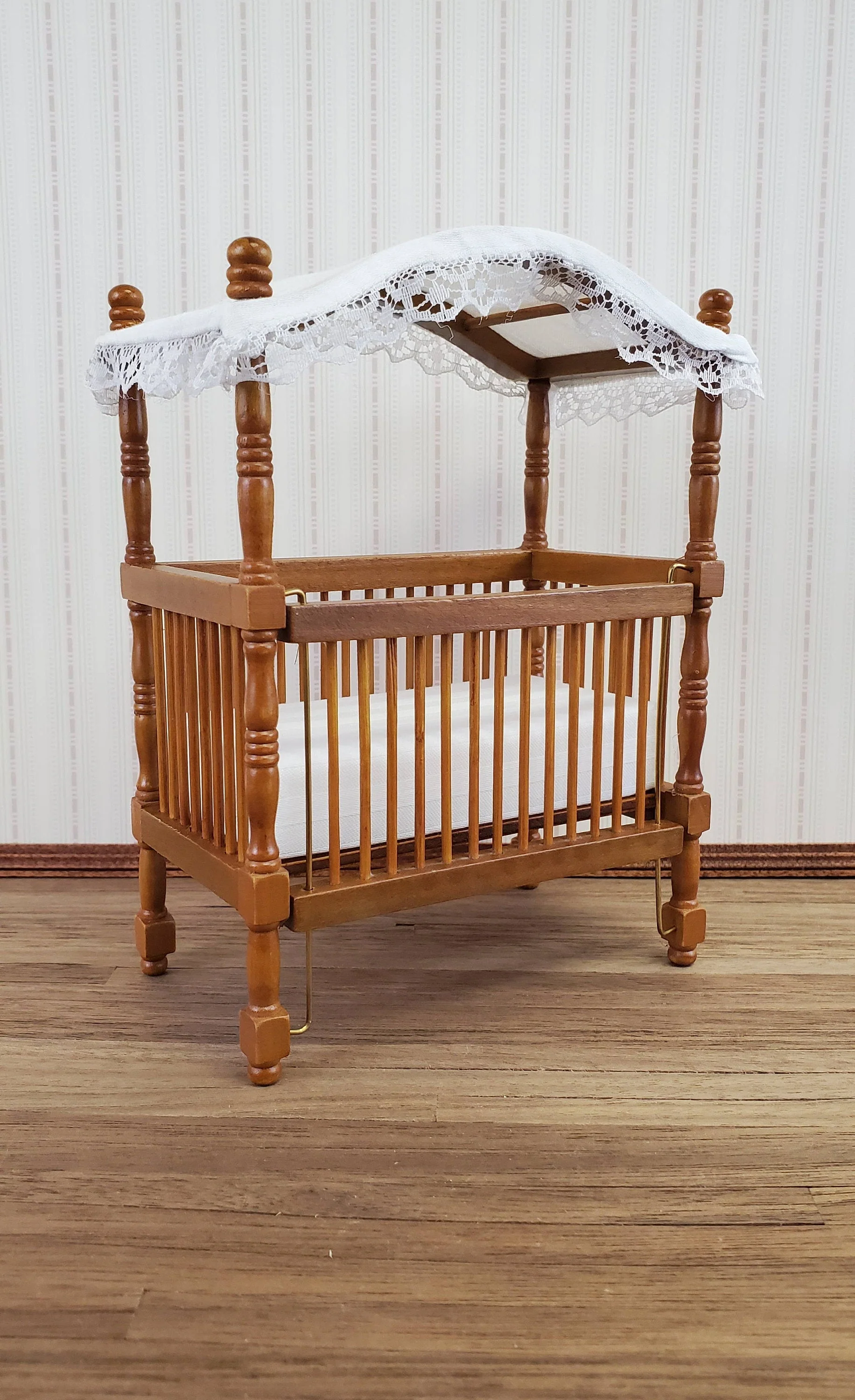 Dollhouse Miniature Canopy Crib Walnut Finish 1:12 Scale Nursery Furniture - Image 2