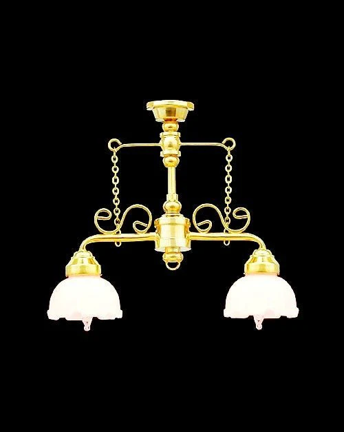 Dollhouse Miniature Ceiling Light 2 Arm Frosted Flower Shade 1:12 Scale 12 Volt