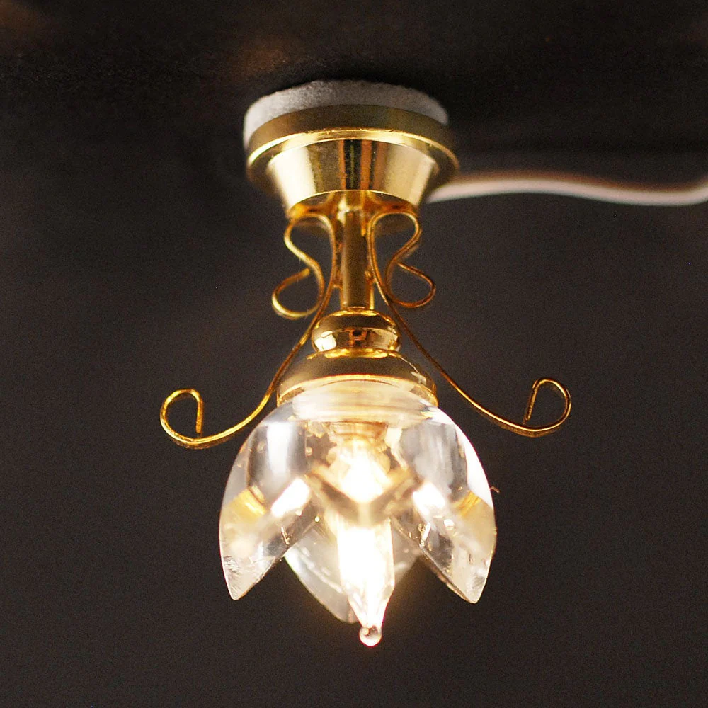 Dollhouse Miniature Ceiling Light Lily Flower Shade Gold 12 Volt 1:12 - Image 4