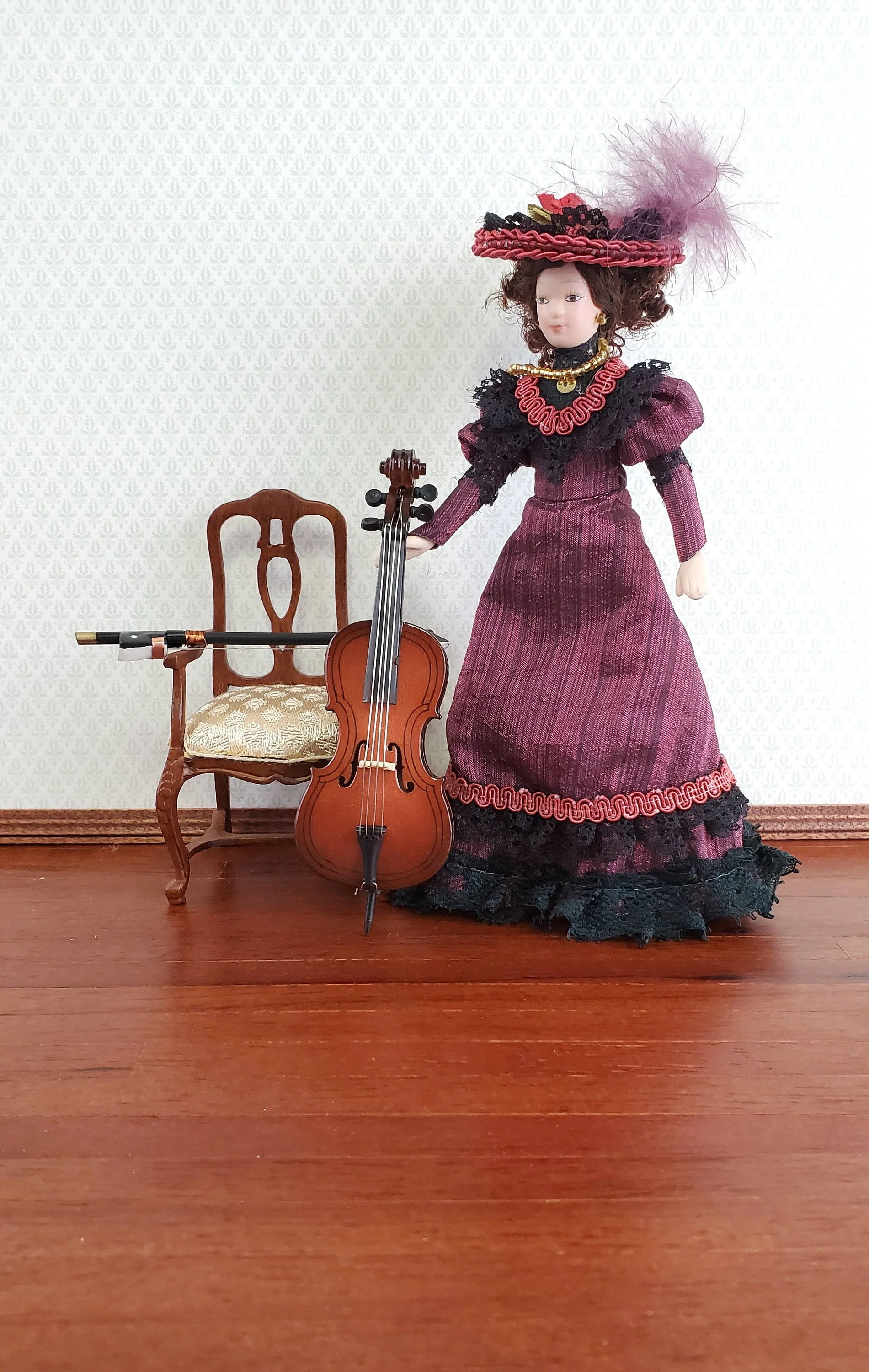 Dollhouse Miniature Cello and Bow Wood 4 1/2" 1:12 Scale Instrument - Image 3