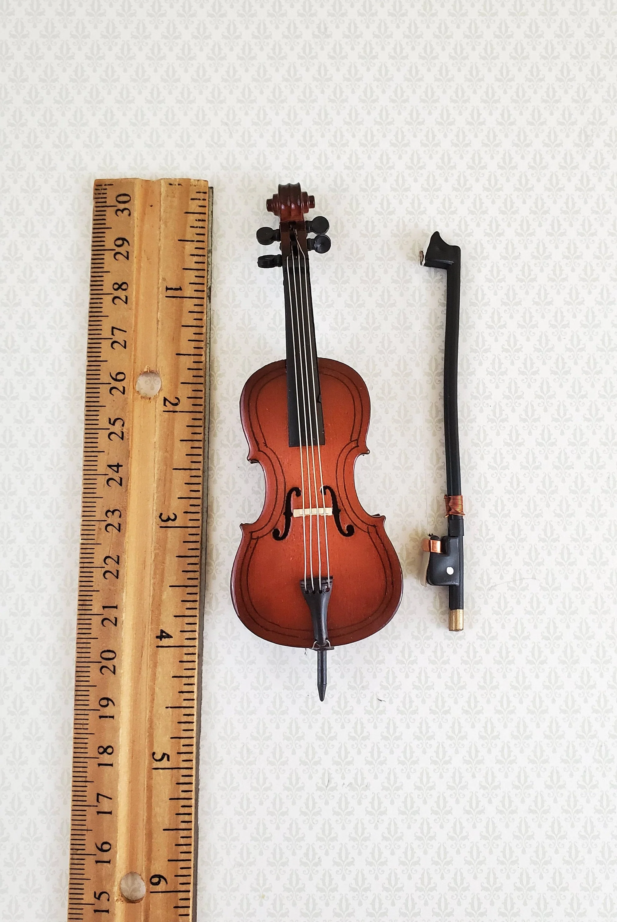 Dollhouse Miniature Cello and Bow Wood 4 1/2" 1:12 Scale Instrument - Image 4
