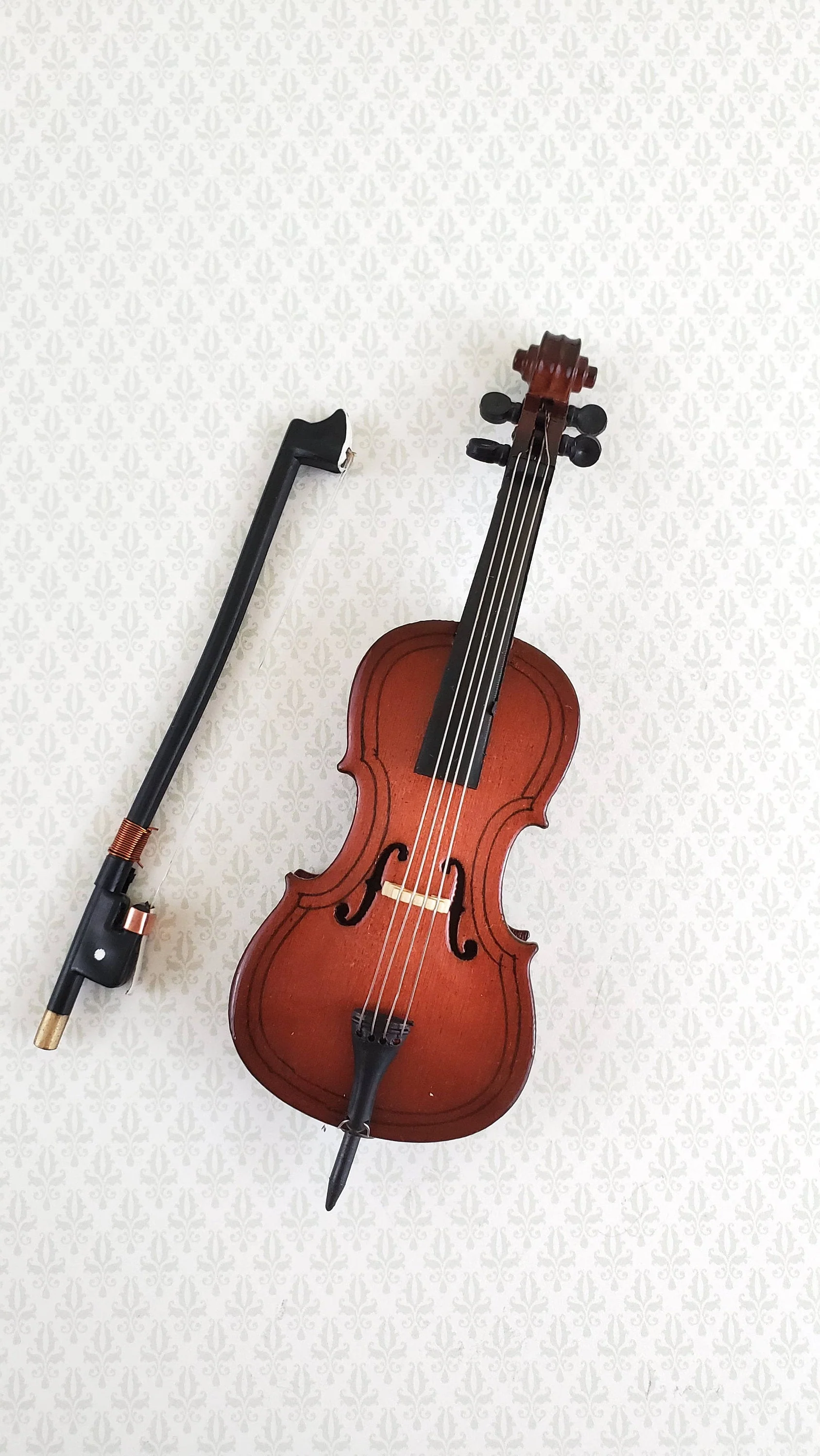 Dollhouse Miniature Cello and Bow Wood 4 1/2" 1:12 Scale Instrument - Image 5