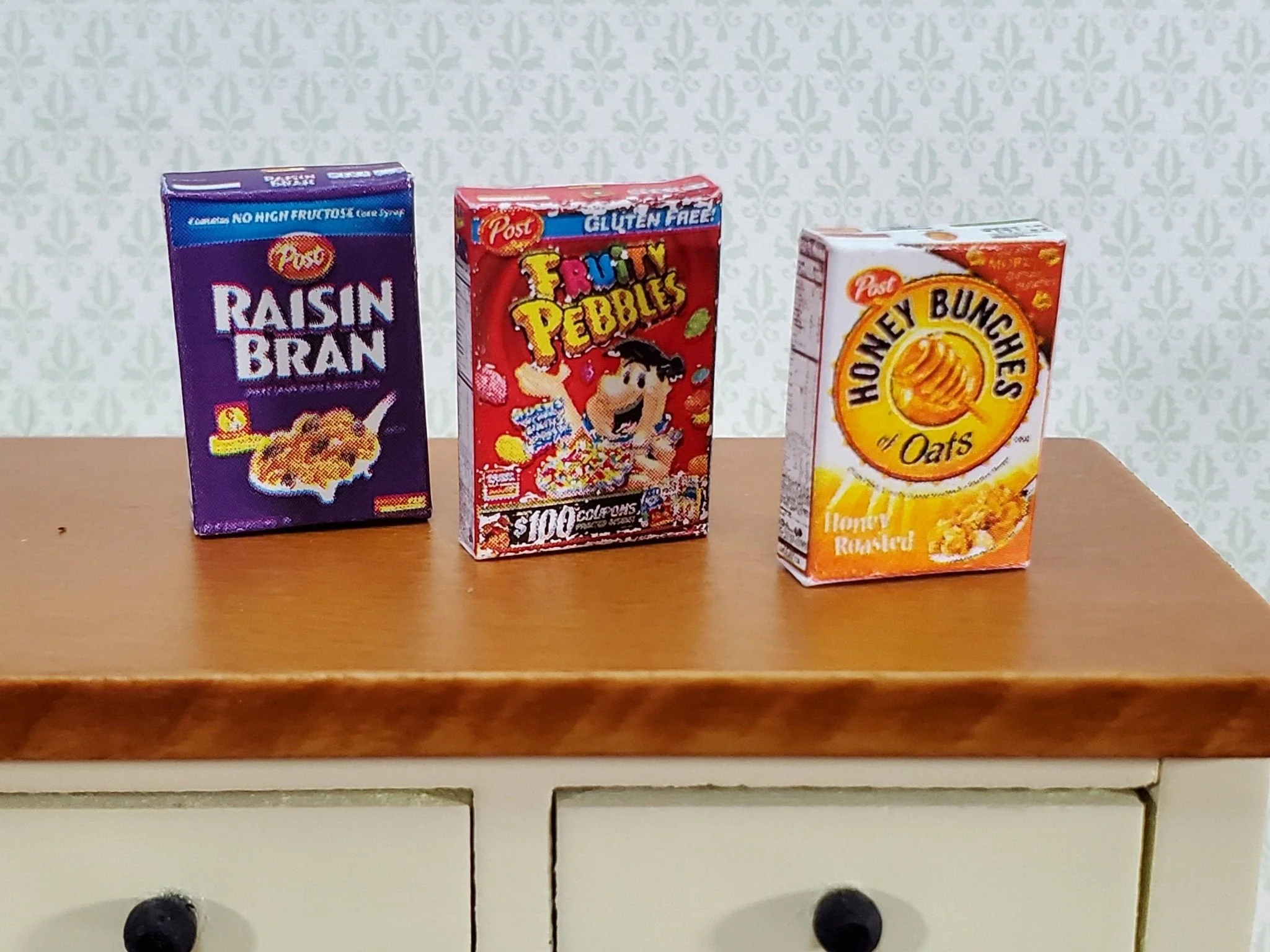 Dollhouse Miniature Cereal Boxes x3 Fruity Pebbles Honey Bunches of Oats 1:12 Scale Kitchen Food