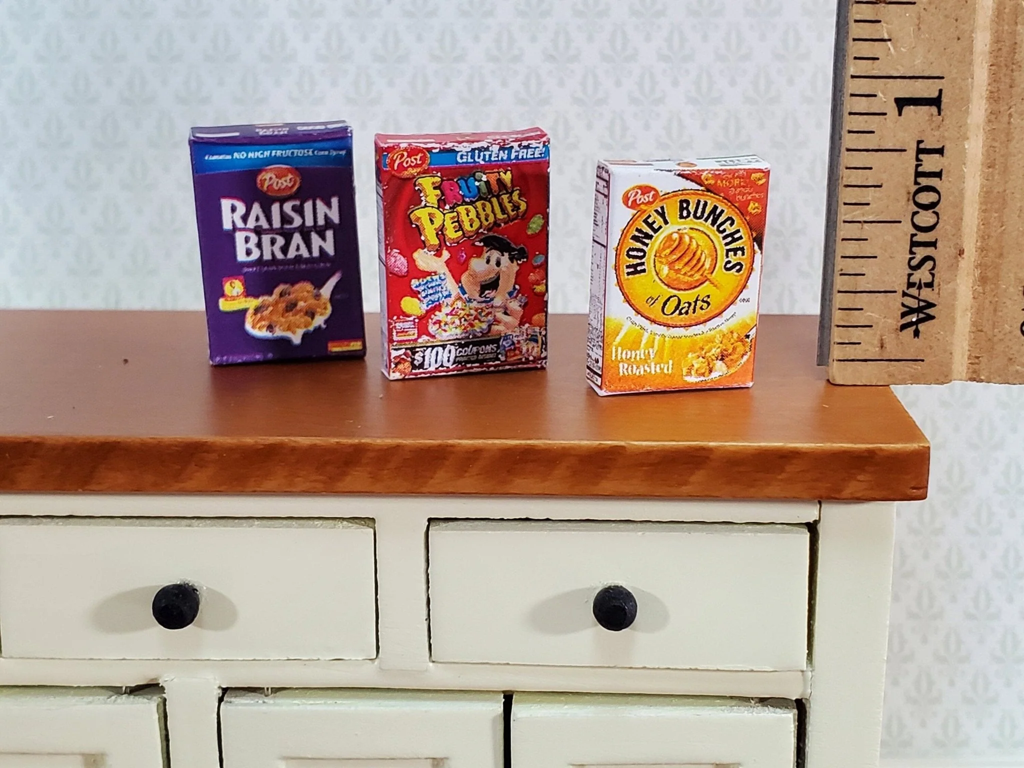 Dollhouse Miniature Cereal Boxes x3 Fruity Pebbles Honey Bunches of Oats 1:12 Scale Kitchen Food - Image 2