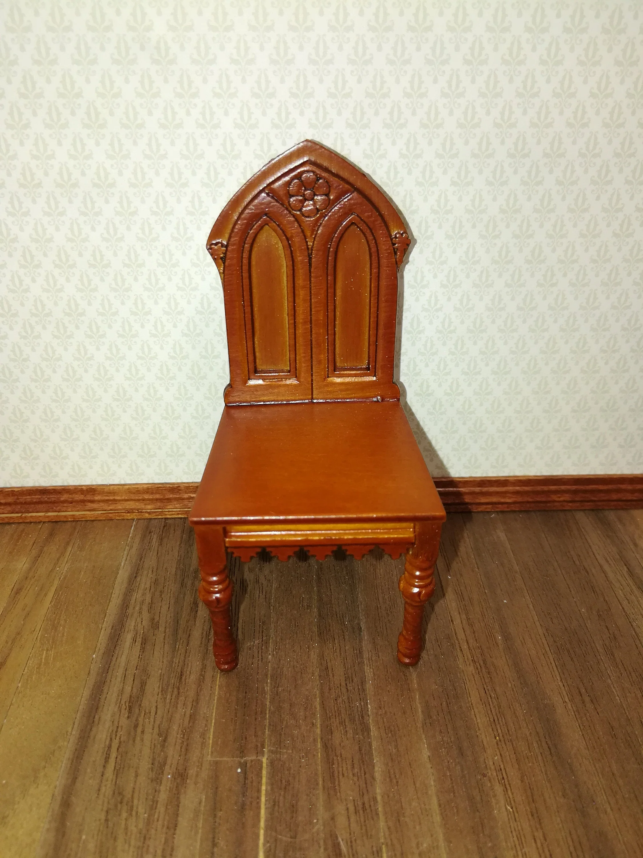 Dollhouse Miniature Chair Gothic Tudor Revival Style Walnut Finish 1:12 Scale - Image 2