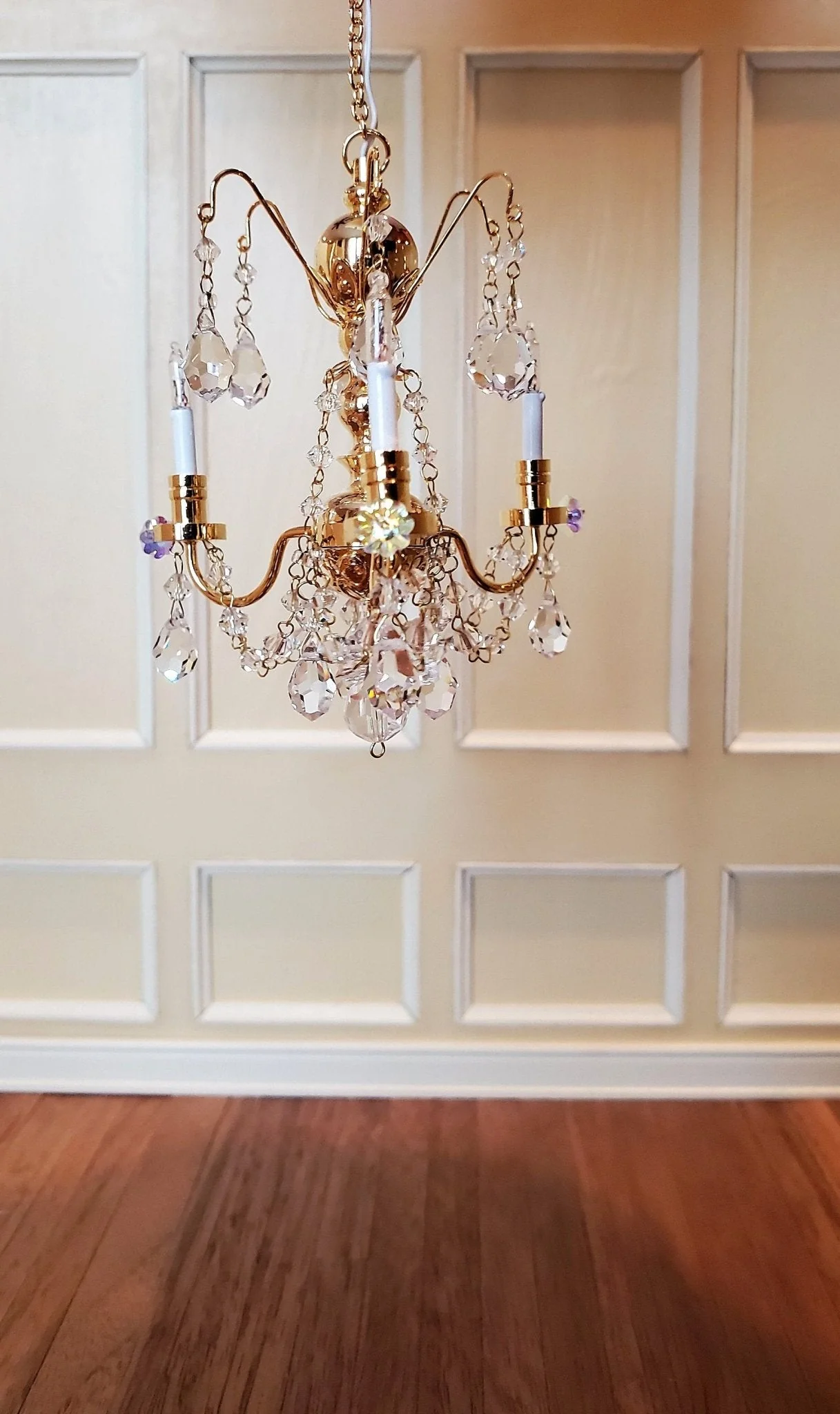 Dollhouse Miniature Chandelier 3 Arm Crystal Pendants 12 Volt Electric 1:12 Scale - Image 2