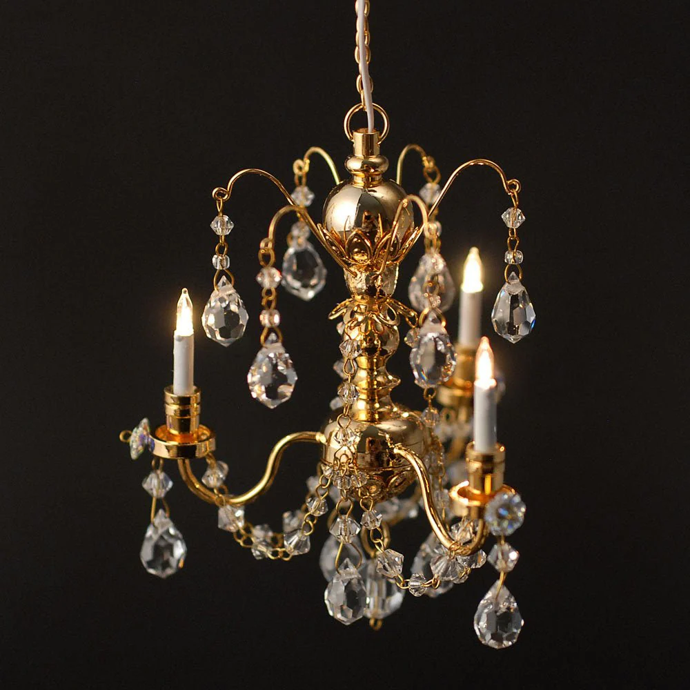 Dollhouse Miniature Chandelier 3 Arm Crystal Pendants 12 Volt Electric 1:12 Scale - Image 3