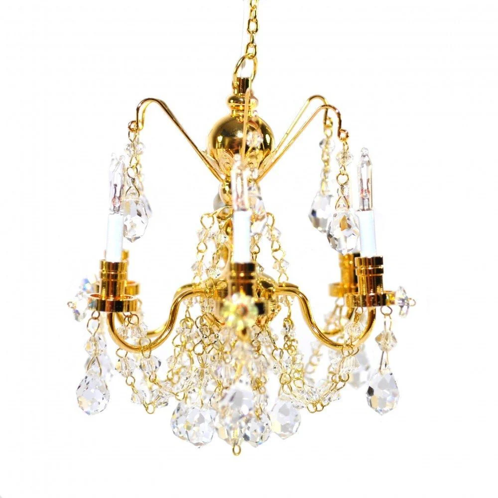 Dollhouse Miniature Chandelier 6 Arm Crystal Pendants 12 Volt Electric 1:12 Scale