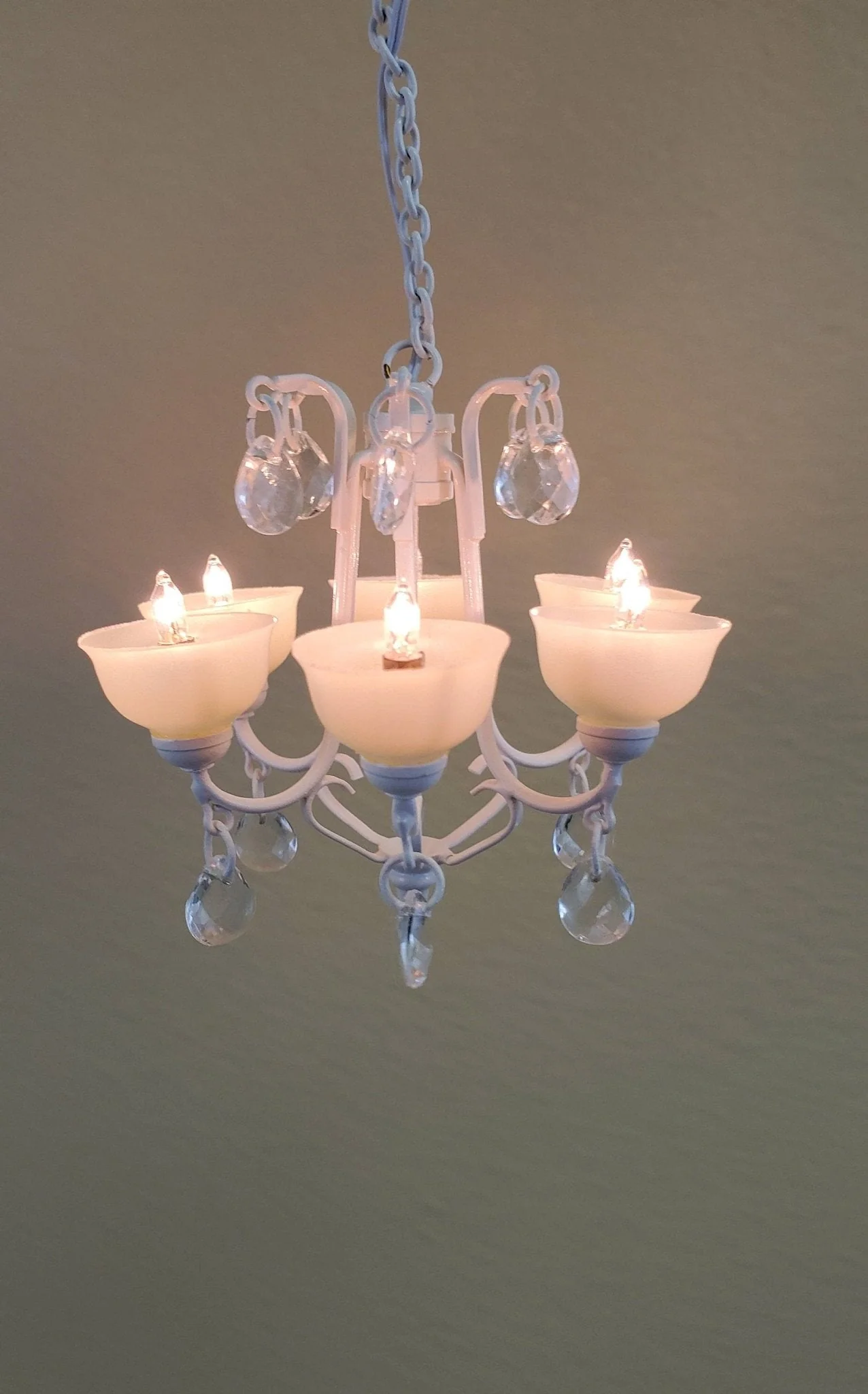 Dollhouse Miniature Chandelier Modern White Metal Crystals 6 Arm Electric 1:12 Scale 12 Volt