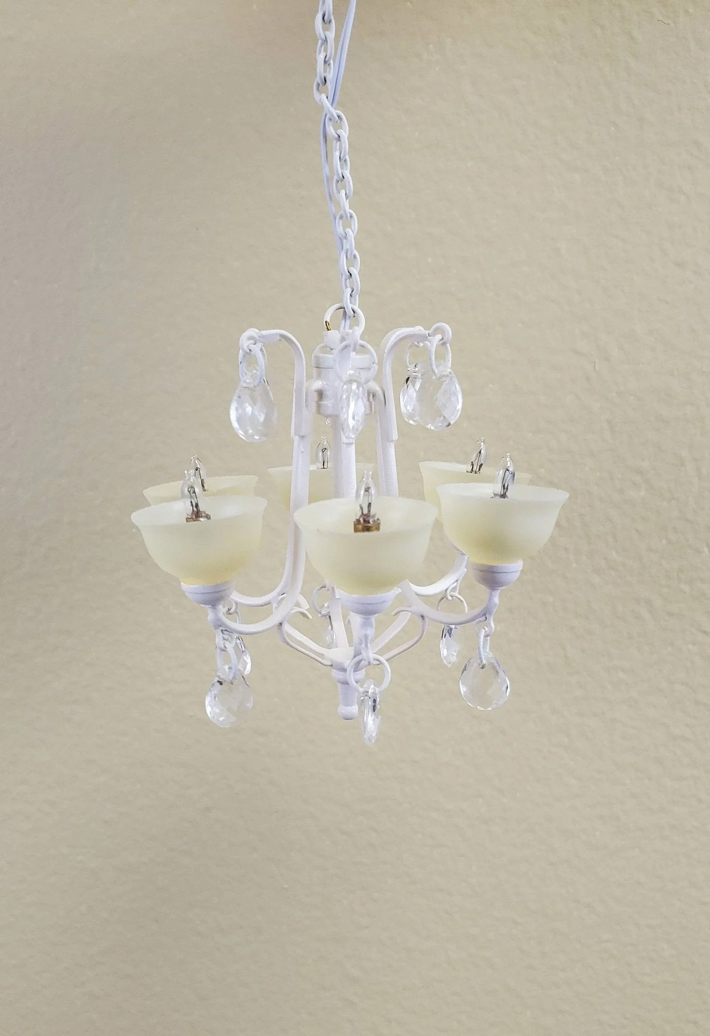 Dollhouse Miniature Chandelier Modern White Metal Crystals 6 Arm Electric 1:12 Scale 12 Volt - Image 4