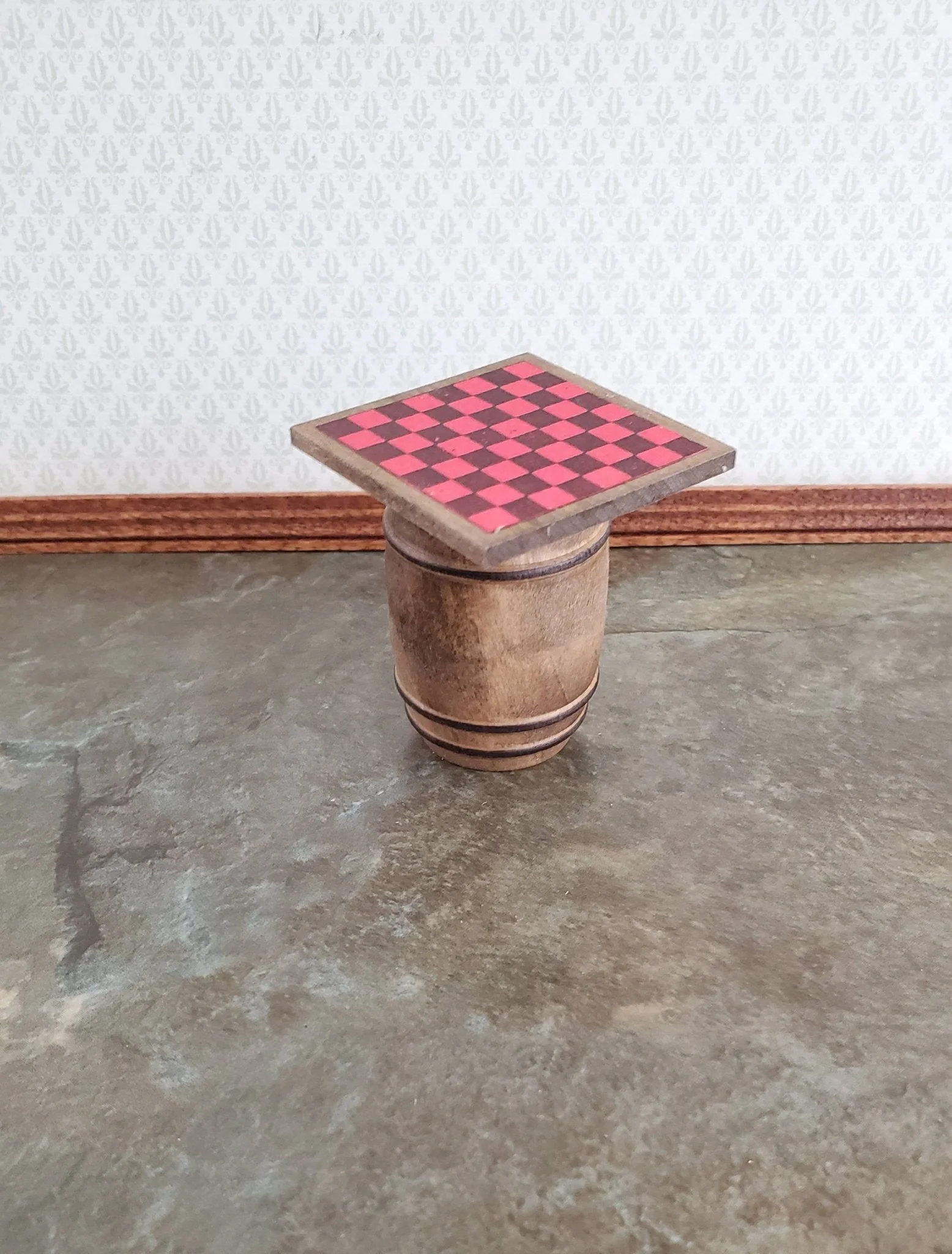 Dollhouse Miniature Checker Board on Barrel Distress Painted Wood 1:24 Scale or Small 1/12