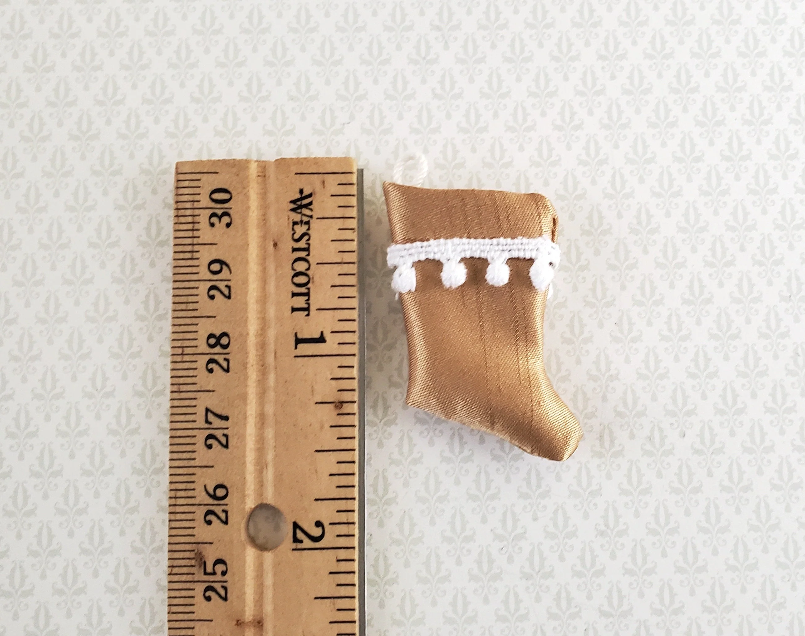 Dollhouse Miniature Christmas Stocking Gold with White Pompoms Handmade 1:12 Scale - Image 2