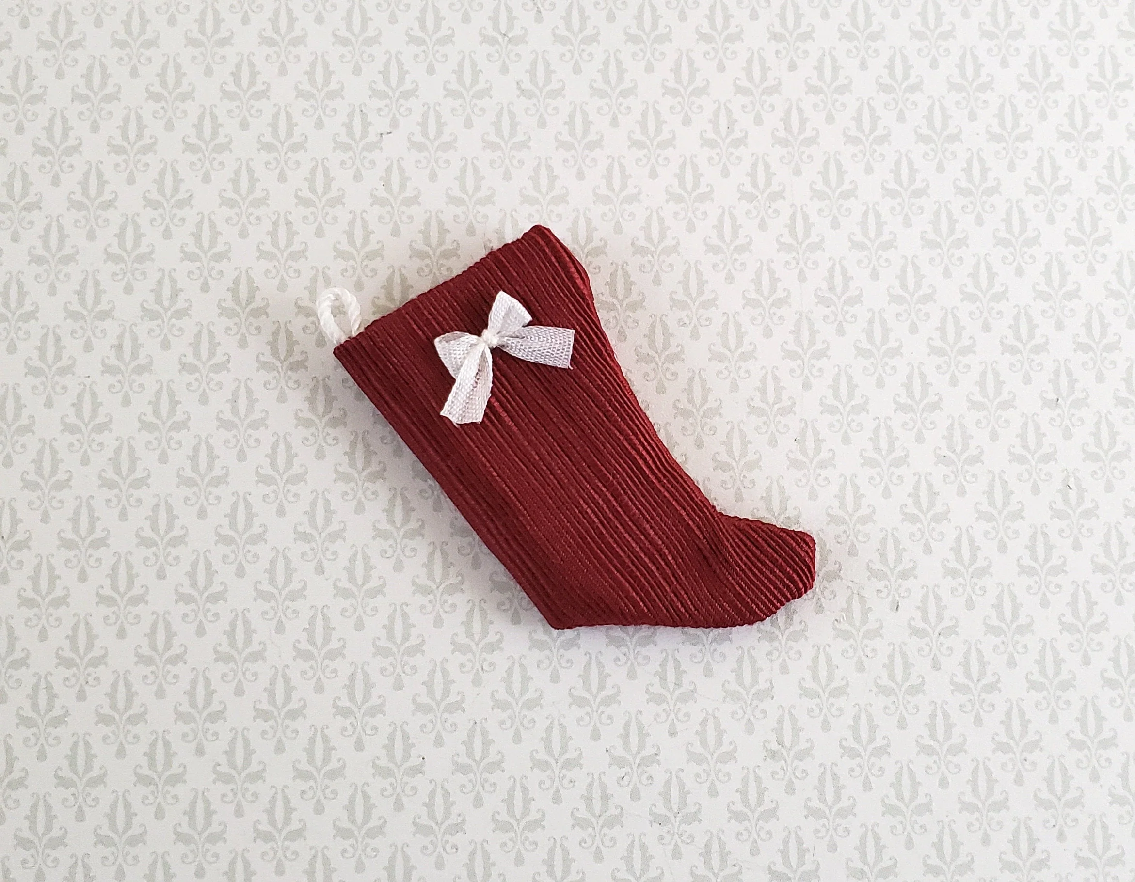 Dollhouse Miniature Christmas Stocking Red with White Bow Handmade 1:12 Scale