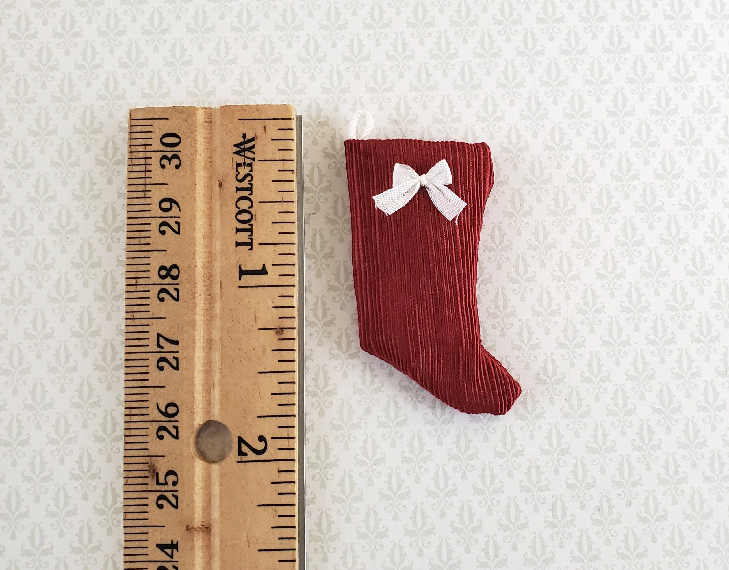 Dollhouse Miniature Christmas Stocking Red with White Bow Handmade 1:12 Scale - Image 2
