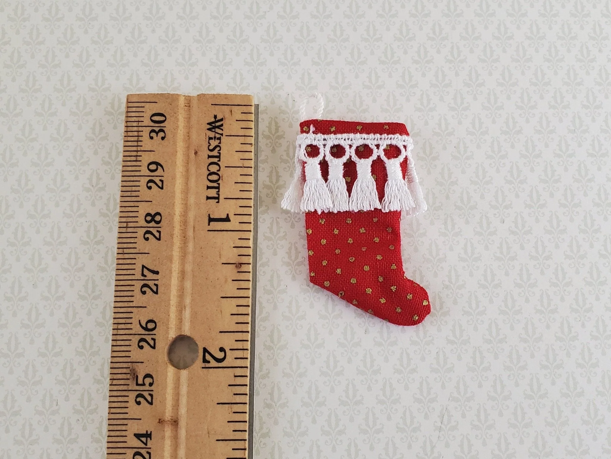 Dollhouse Miniature Christmas Stocking Red with White Tassels Handmade 1:12 Scale - Image 2