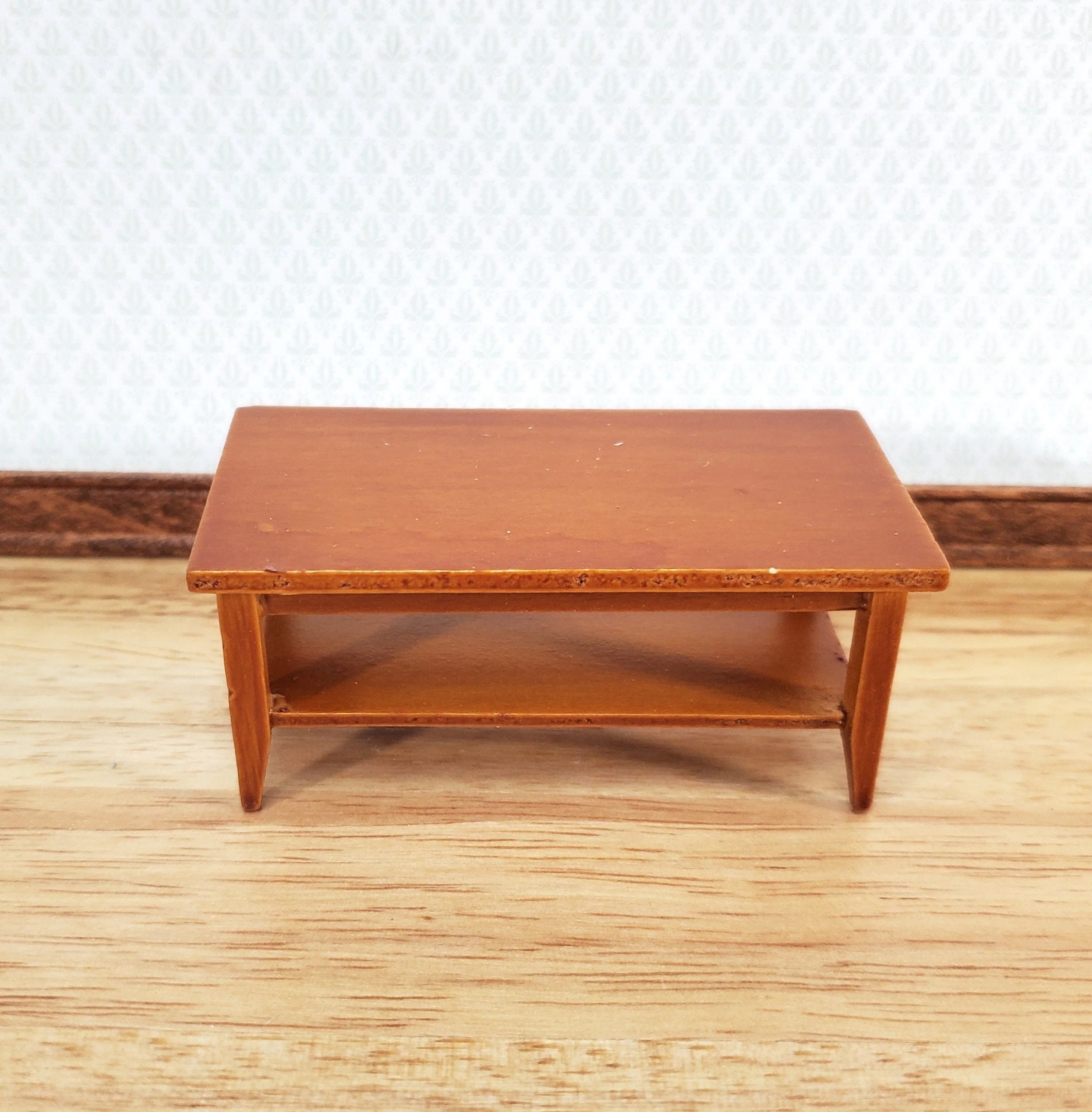 Dollhouse Miniature Coffee Table with Shelf Walnut Finish 1:12 Scale Furniture - Image 2