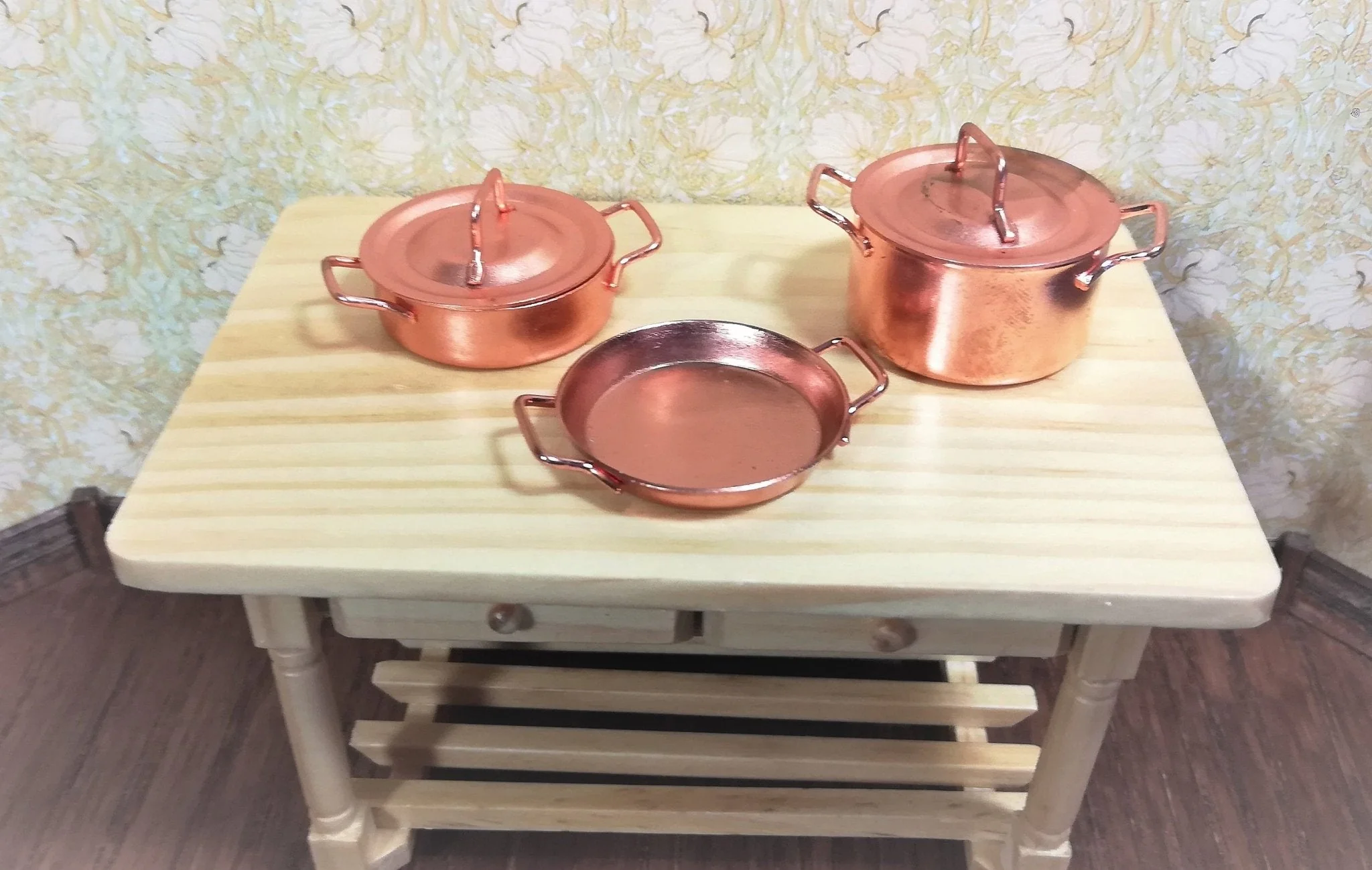 Dollhouse Miniature Copper Pots & Pans Stock Soup Saute Removable Lids 1:12 Scale - Image 3
