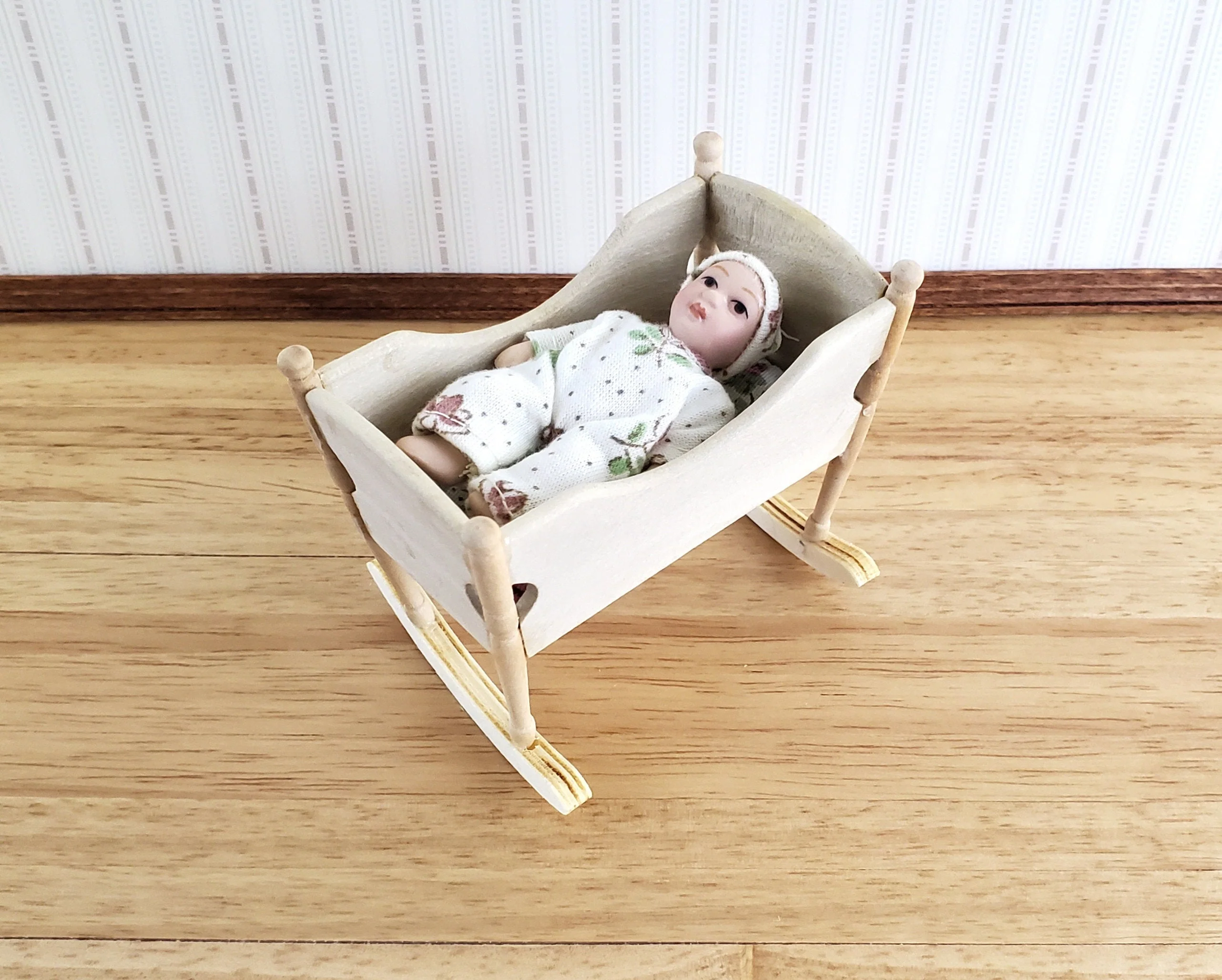 Dollhouse Miniature Cradle Crib for Nursery Wood Rocking 1:12 Scale Nursery Unpainted - Image 5