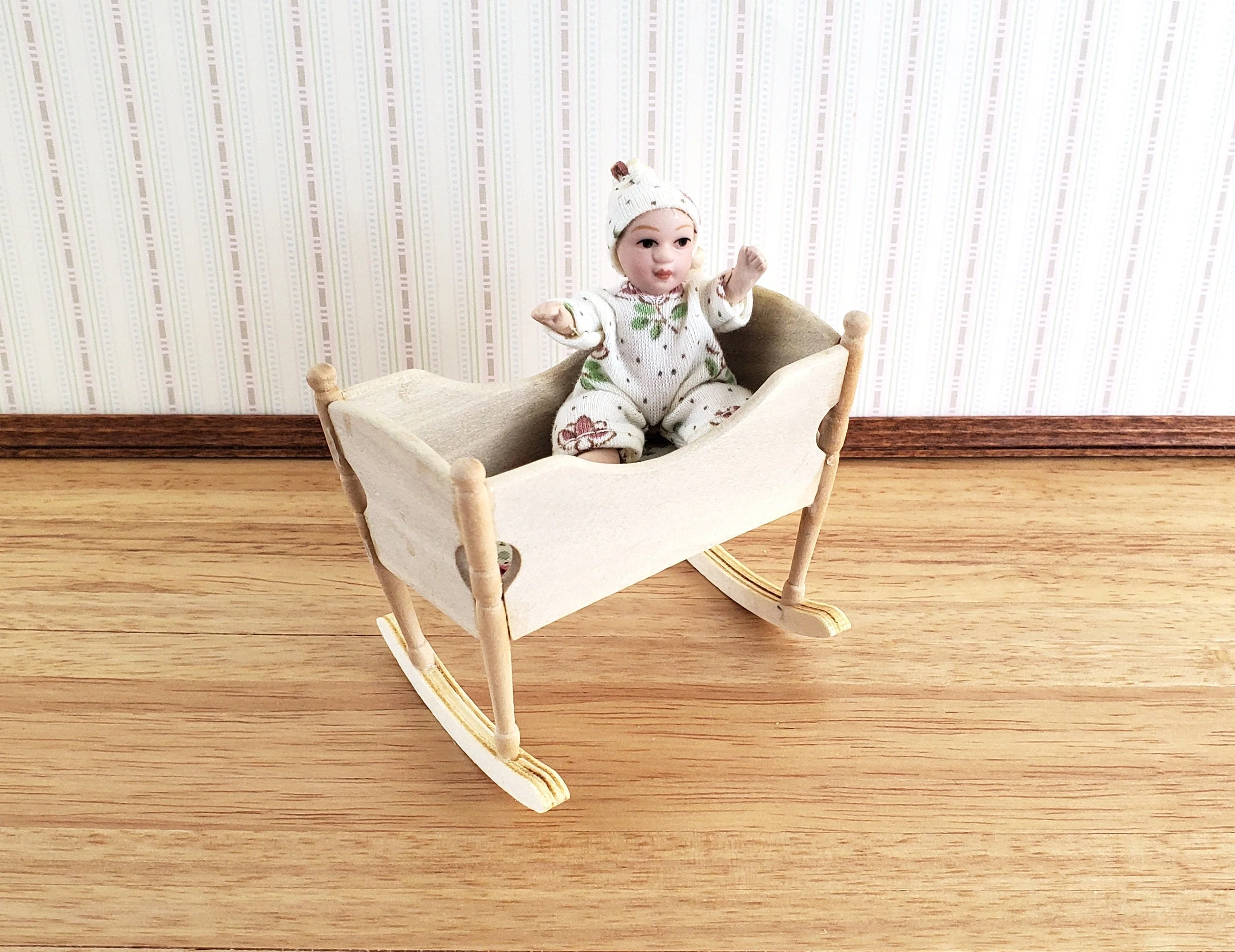 Dollhouse Miniature Cradle Crib for Nursery Wood Rocking 1:12 Scale Nursery Unpainted - Image 6