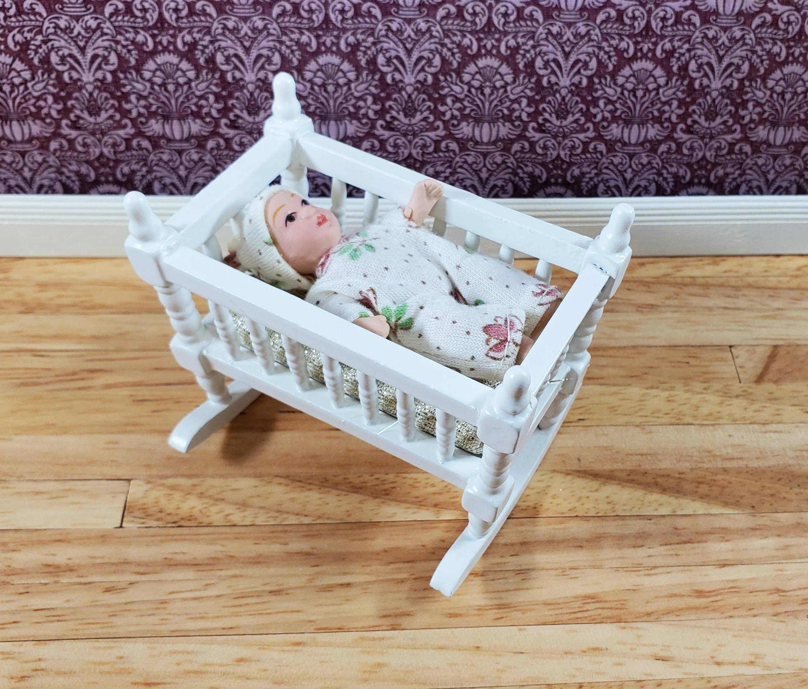 Dollhouse Miniature Cradle Crib for Nursery Wood WHITE1:12 Scale Furniture - Image 3