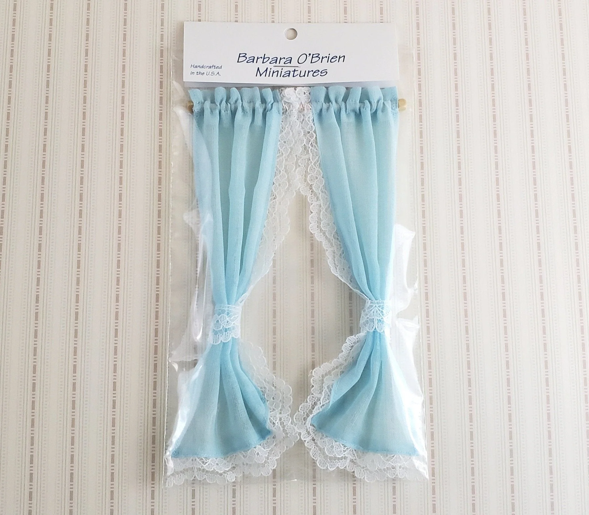 Dollhouse Miniature Curtains Light Blue with Lace & Curtain Rod 1:12 Scale Handmade