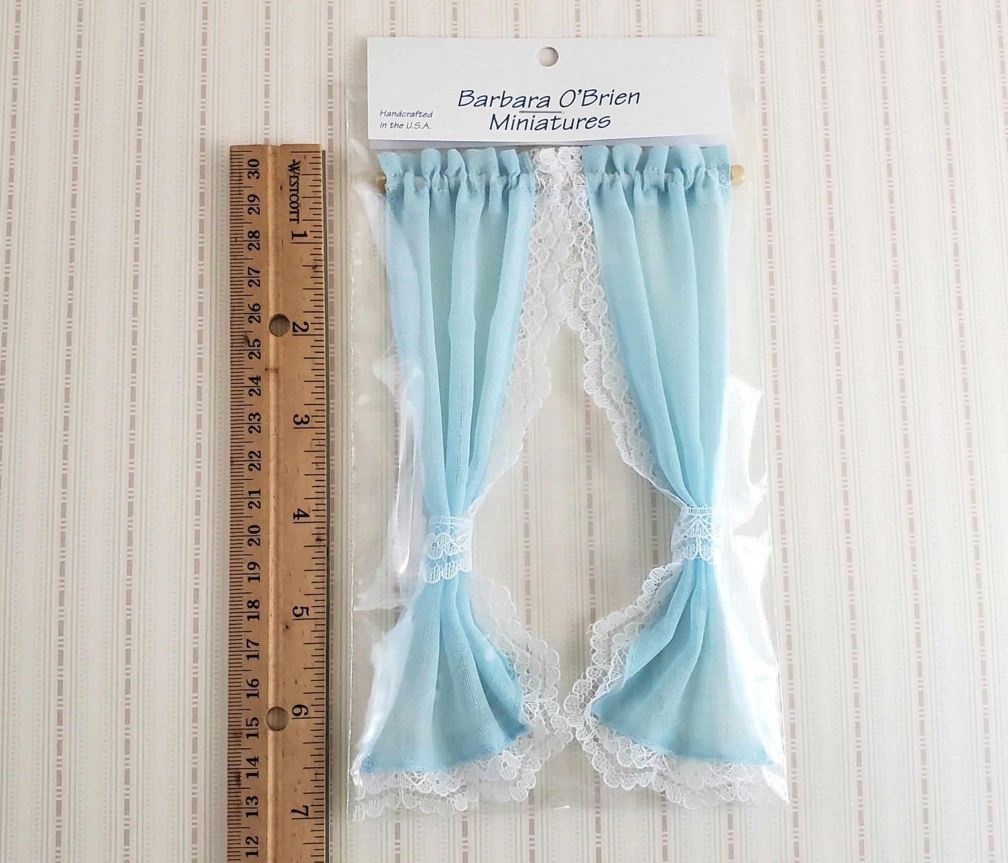 Dollhouse Miniature Curtains Light Blue with Lace & Curtain Rod 1:12 Scale Handmade - Image 2