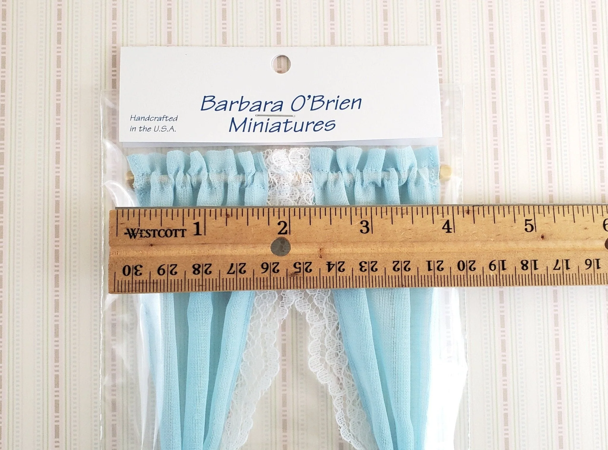 Dollhouse Miniature Curtains Light Blue with Lace & Curtain Rod 1:12 Scale Handmade - Image 3