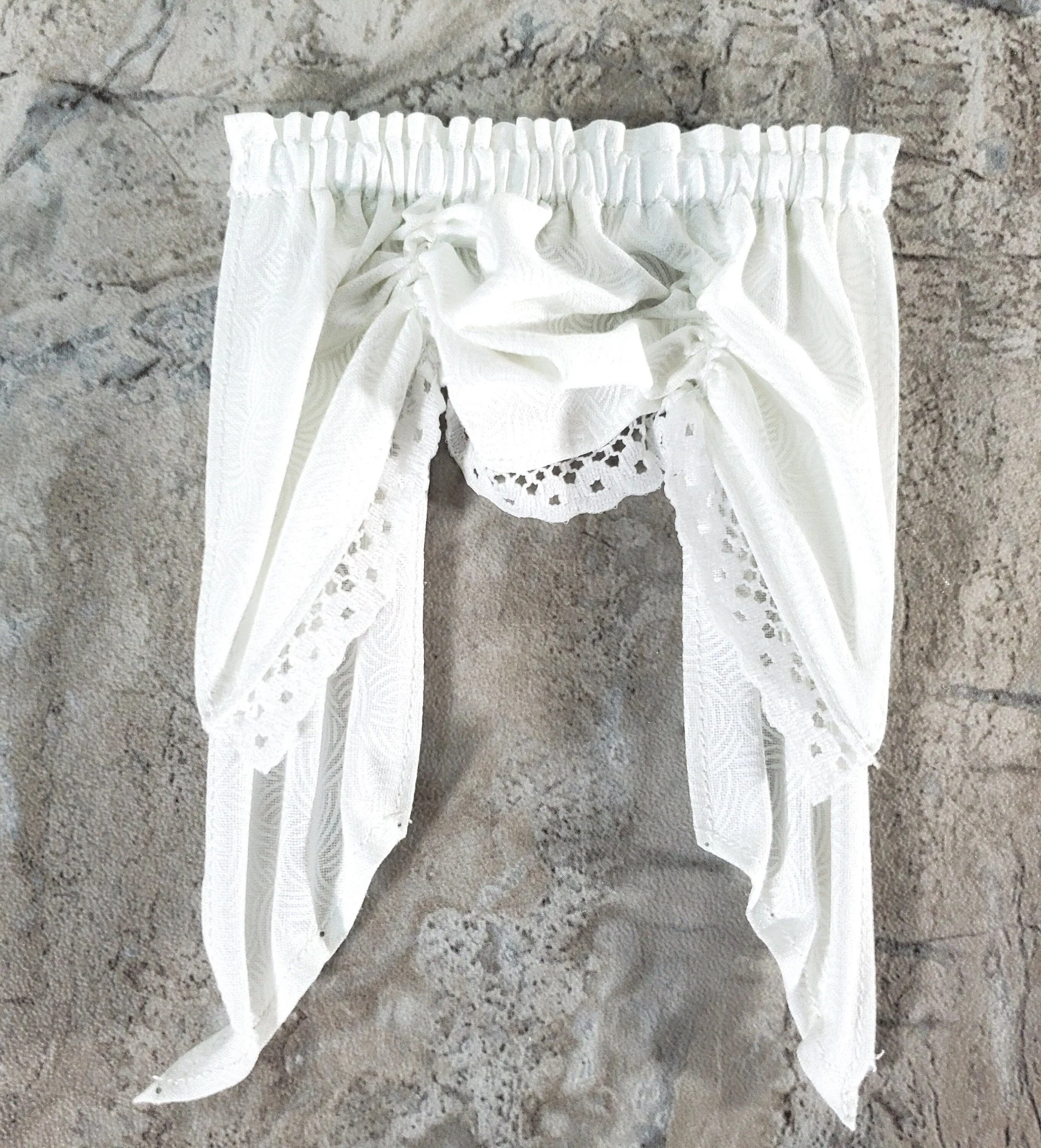 Dollhouse Miniature Curtains with Valance White with Scallop Print 1:12 Scale Handmade