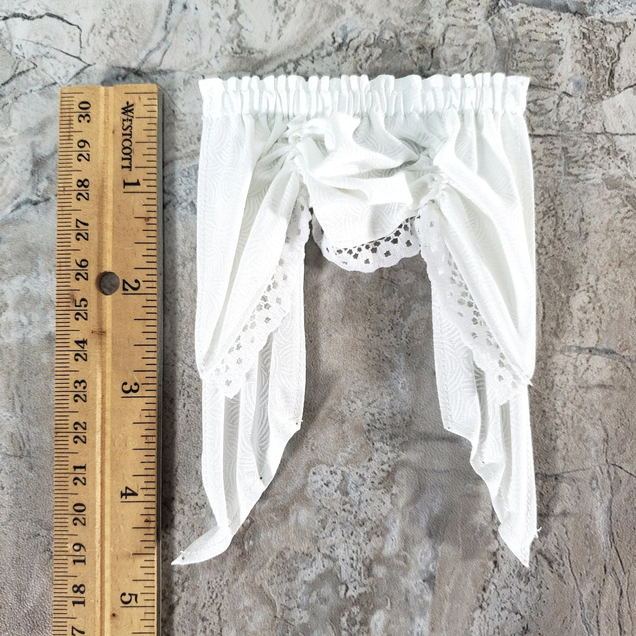 Dollhouse Miniature Curtains with Valance White with Scallop Print 1:12 Scale Handmade - Image 4