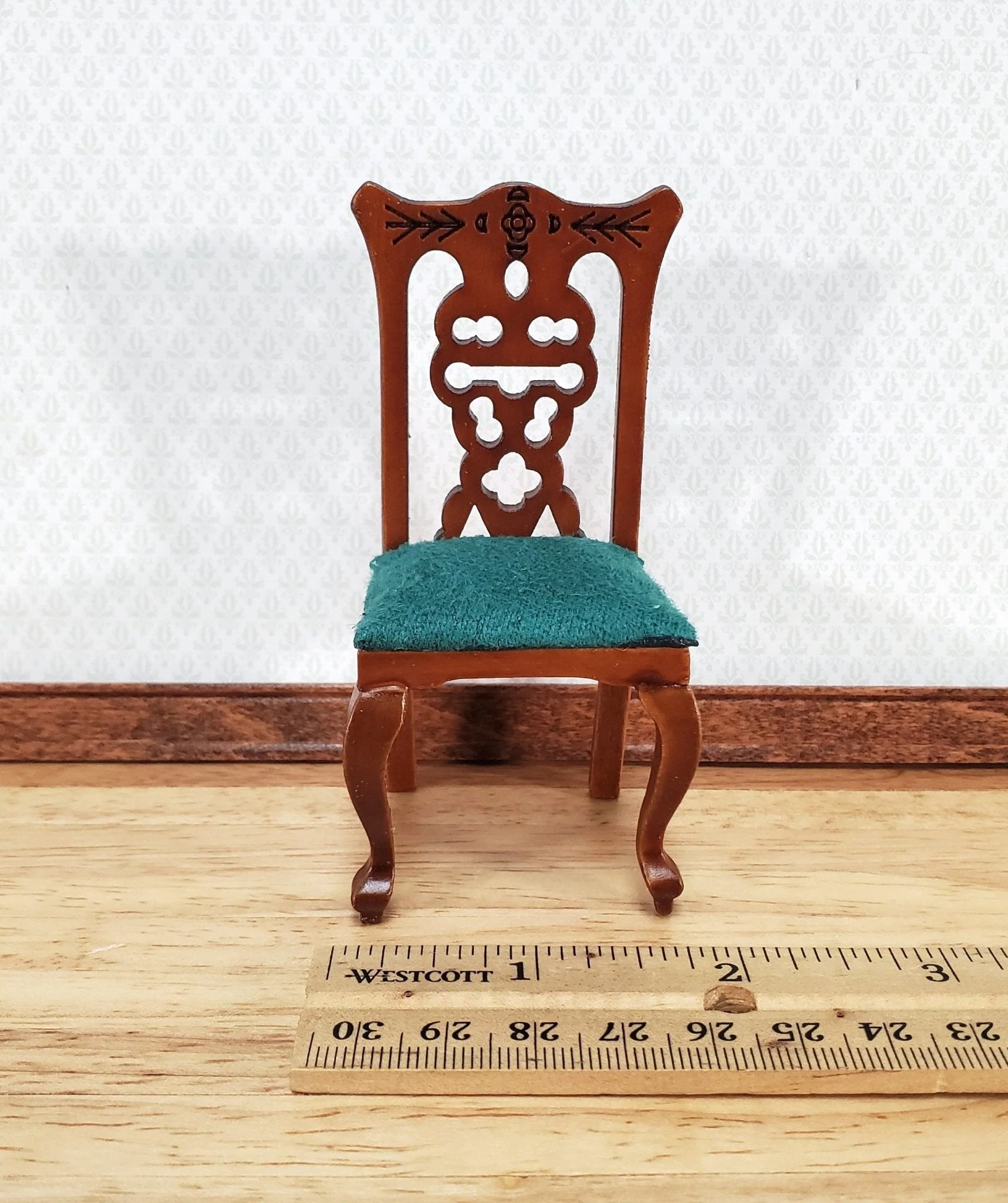 Dollhouse Dining Chair Green Padded Seat 1:12 Scale Miniature Furniture Walnut Finish - Image 5