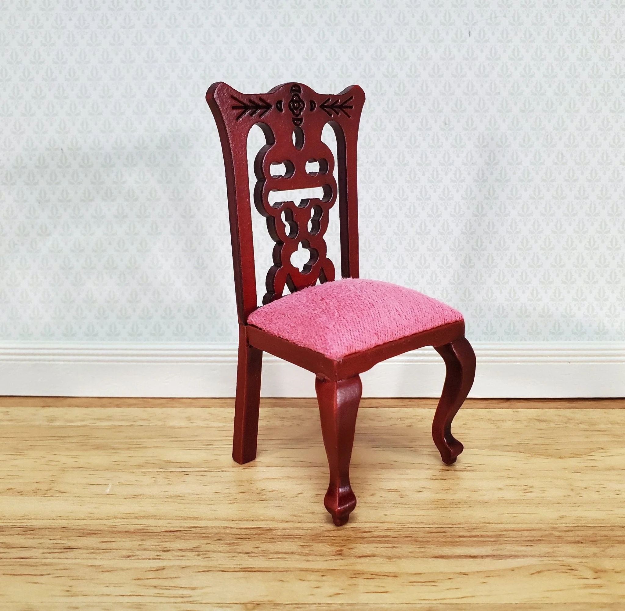 Dollhouse Miniature Dining Chair Pink Padded Seat 1:12 Scale Mahogany Finish