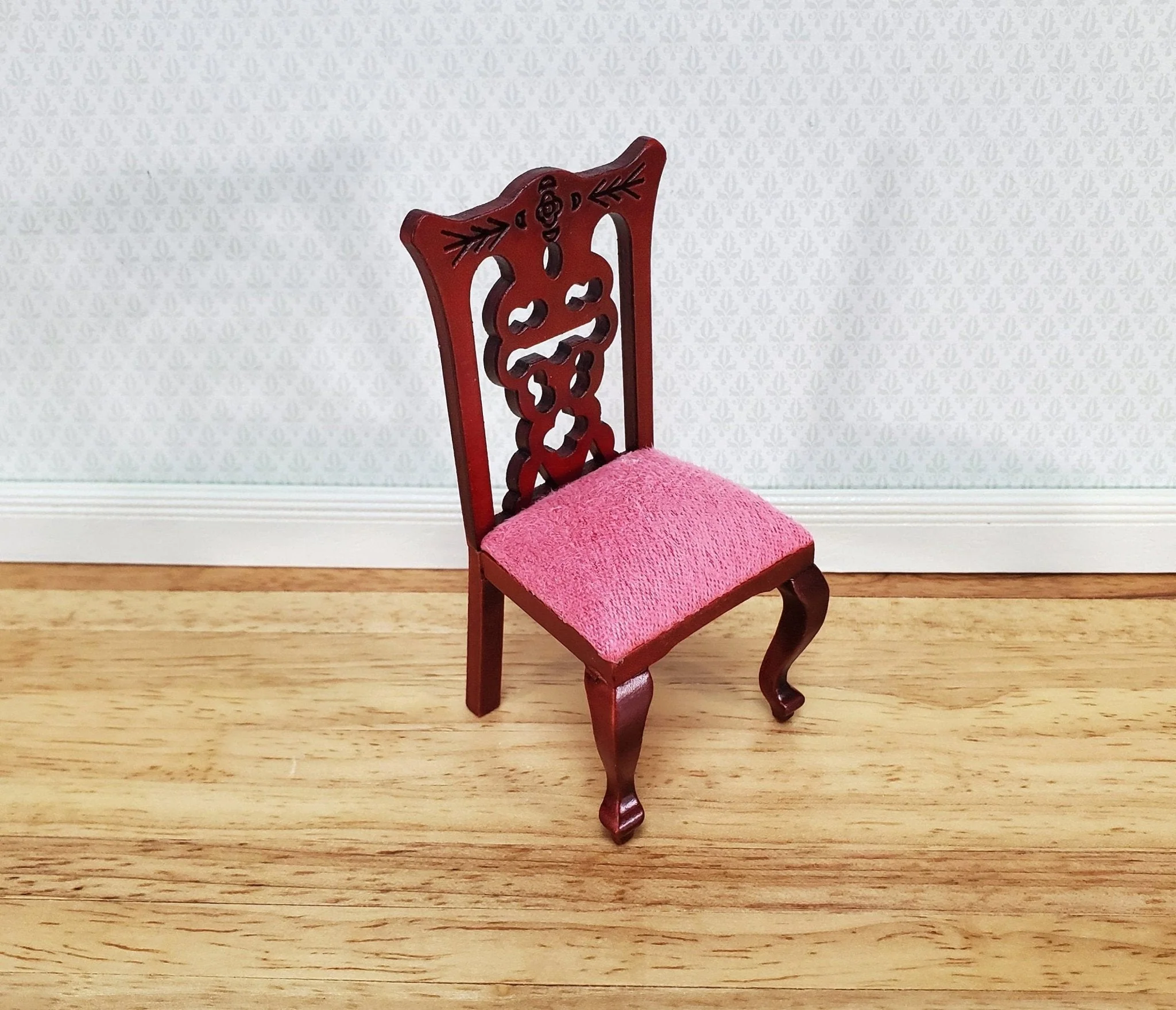 Dollhouse Miniature Dining Chair Pink Padded Seat 1:12 Scale Mahogany Finish - Image 2