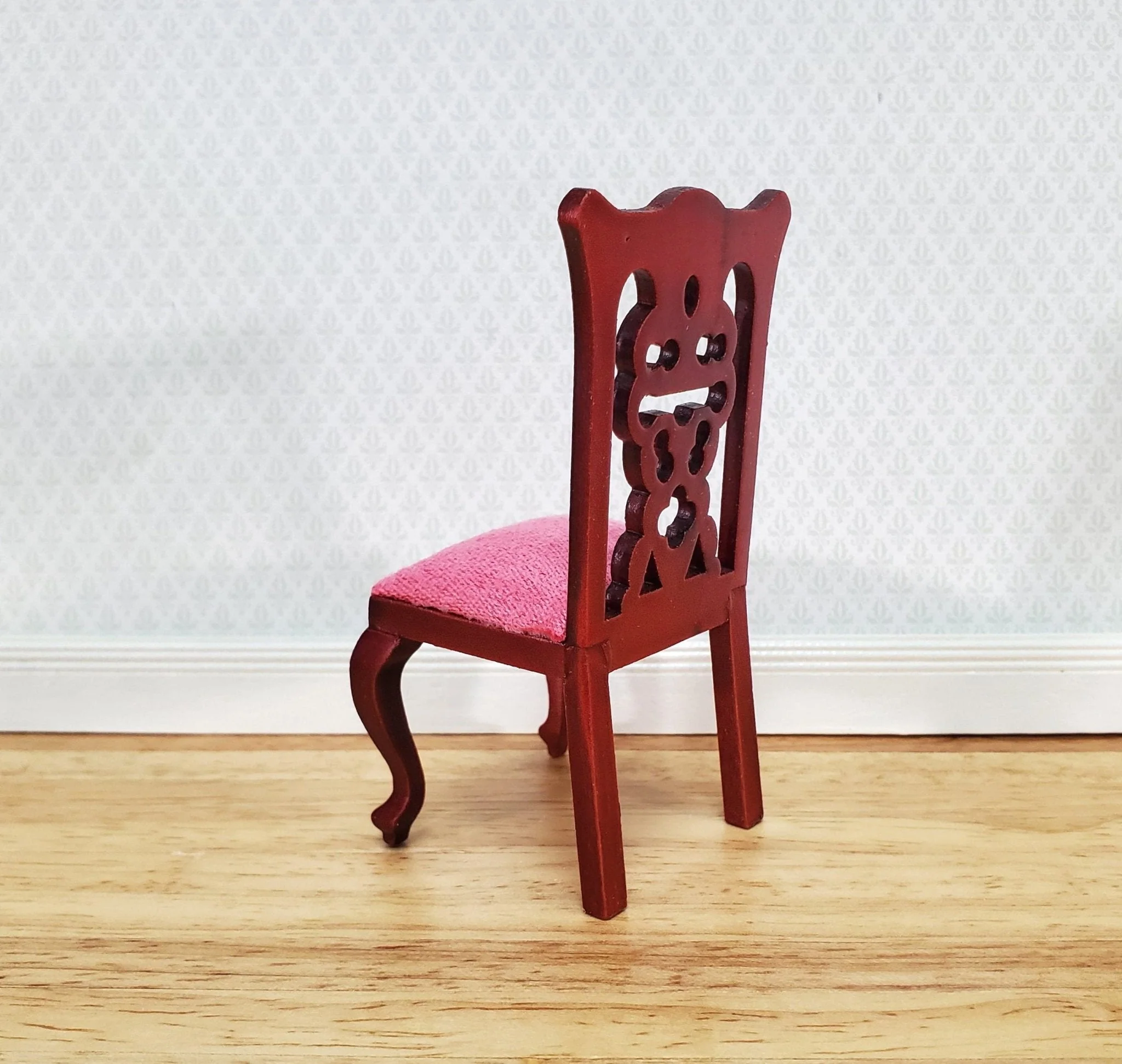 Dollhouse Miniature Dining Chair Pink Padded Seat 1:12 Scale Mahogany Finish - Image 4