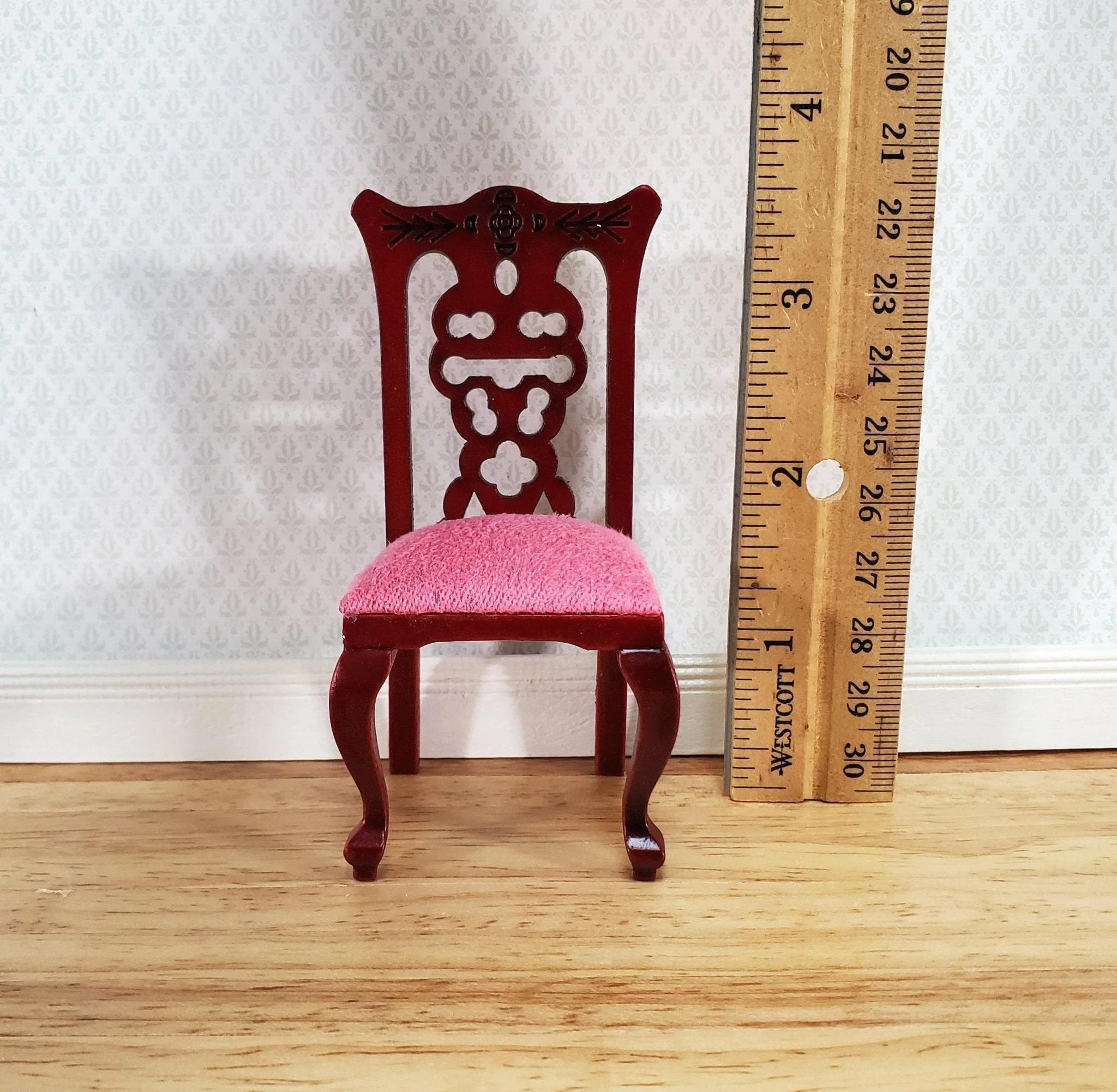 Dollhouse Miniature Dining Chair Pink Padded Seat 1:12 Scale Mahogany Finish - Image 5