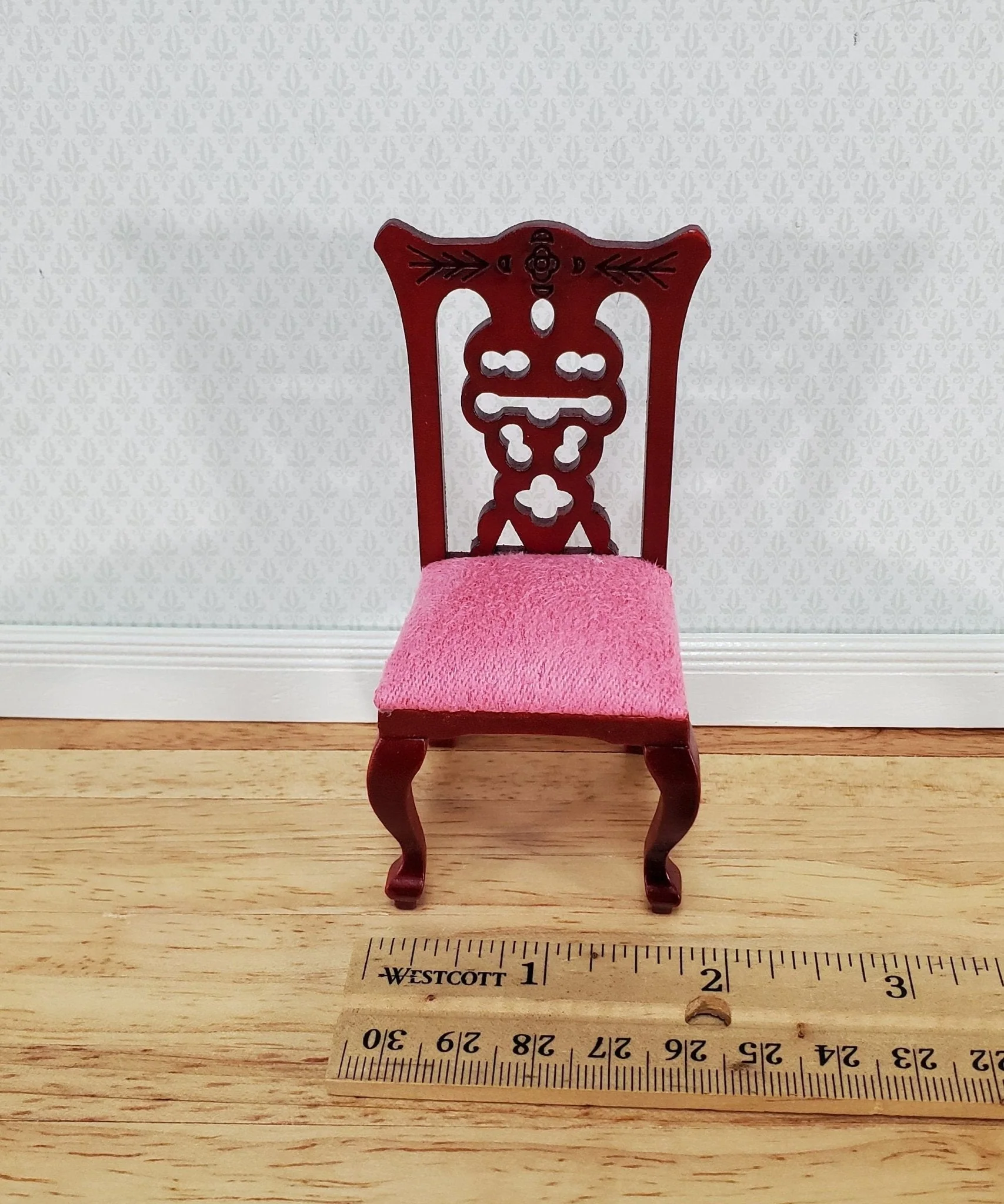 Dollhouse Miniature Dining Chair Pink Padded Seat 1:12 Scale Mahogany Finish - Image 6