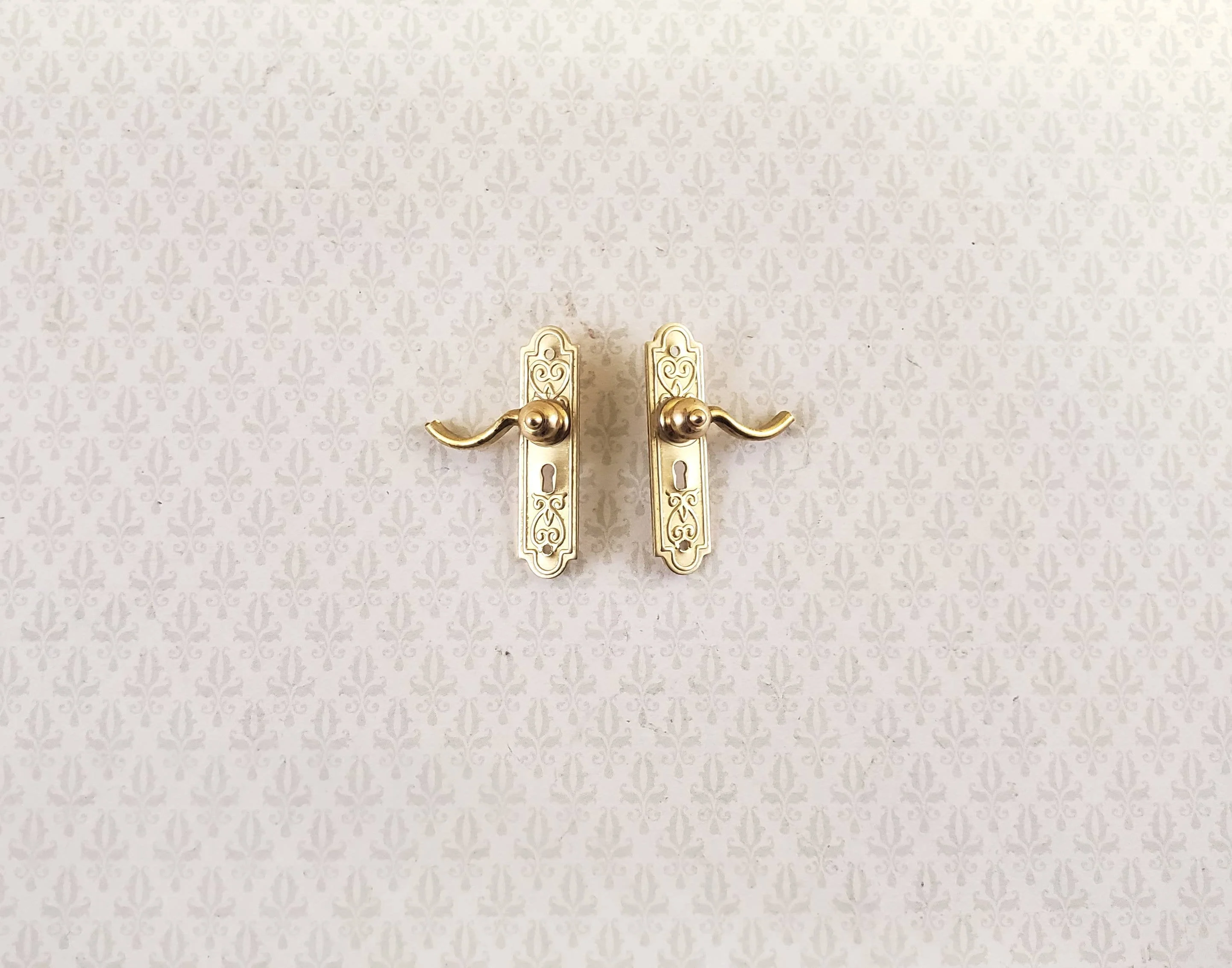 Dollhouse Door Handles with Fancy Plate x2 French Lever Style Gold 1:12 Scale