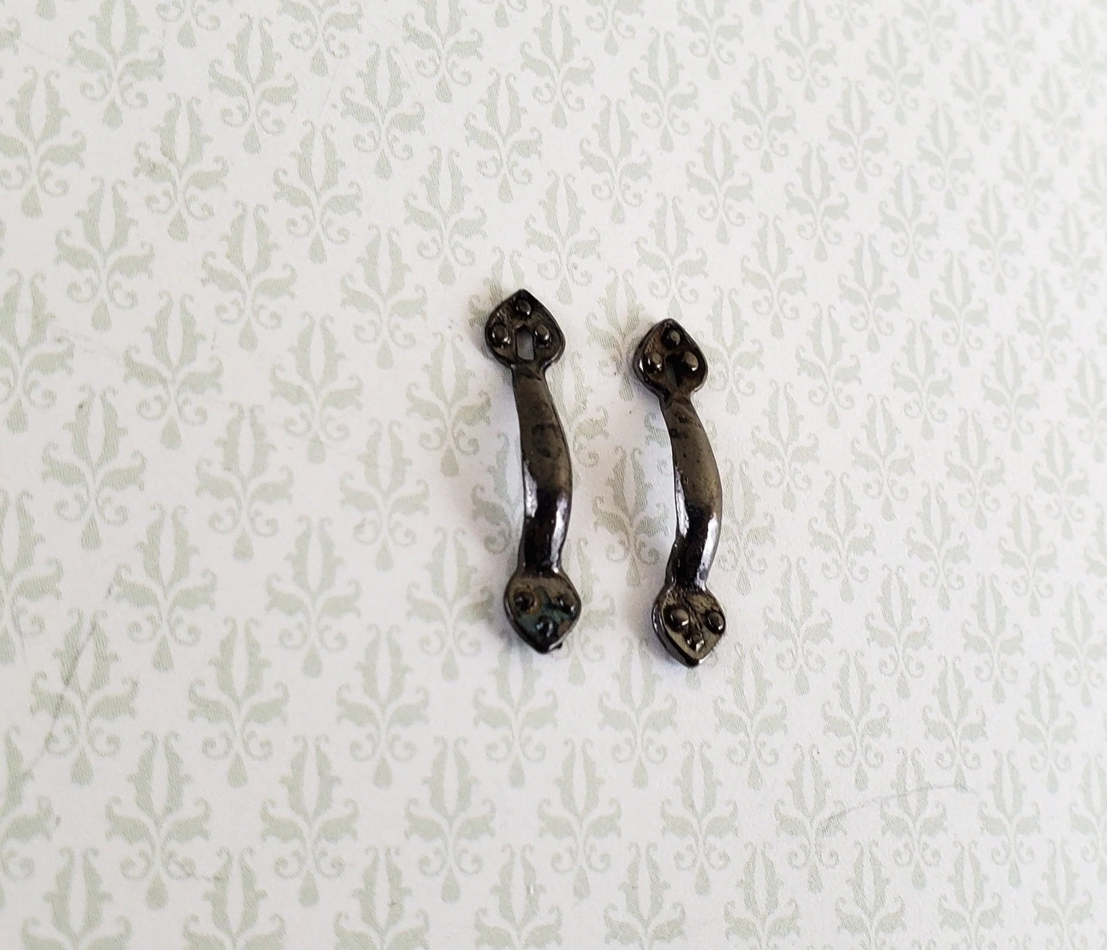 Dollhouse Miniature Door Handles with Keyhole Tudor Style x2 Black Chrome Finish 1:12 Scale - Image 2