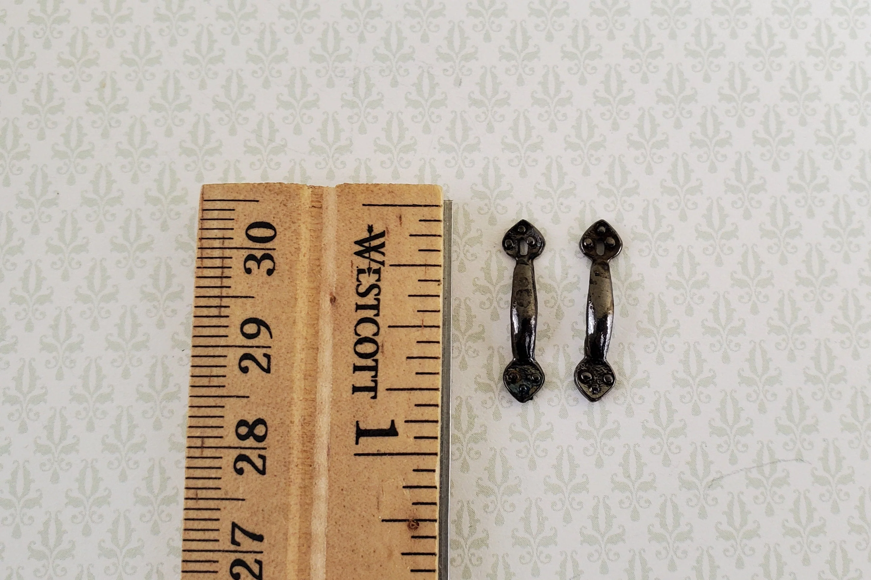 Dollhouse Miniature Door Handles with Keyhole Tudor Style x2 Black Chrome Finish 1:12 Scale - Image 3