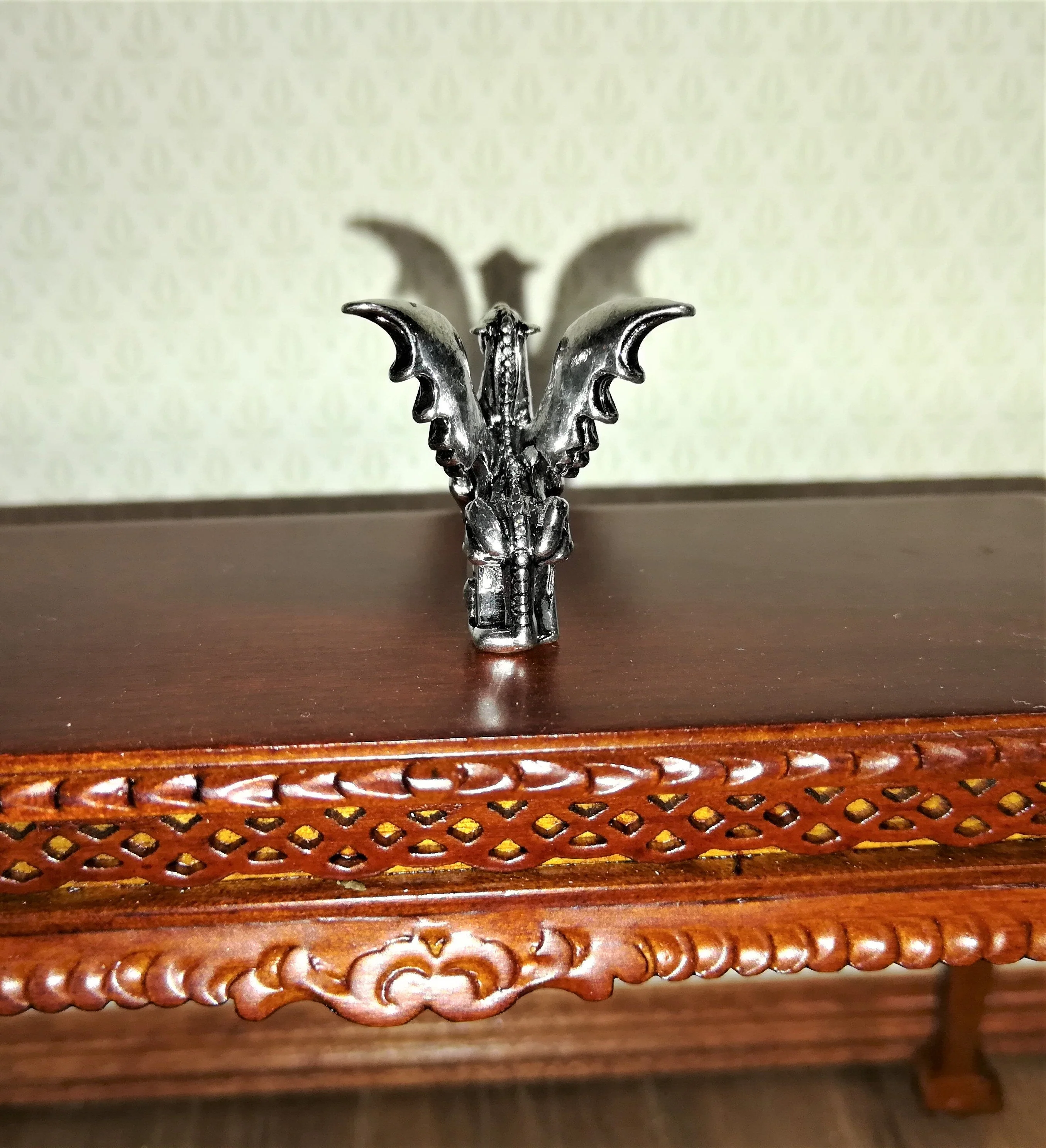 Miniature Dragon Statue Silver Metal 1:12 Scale Dollhouse 7/8" Tall Detailed - Image 3