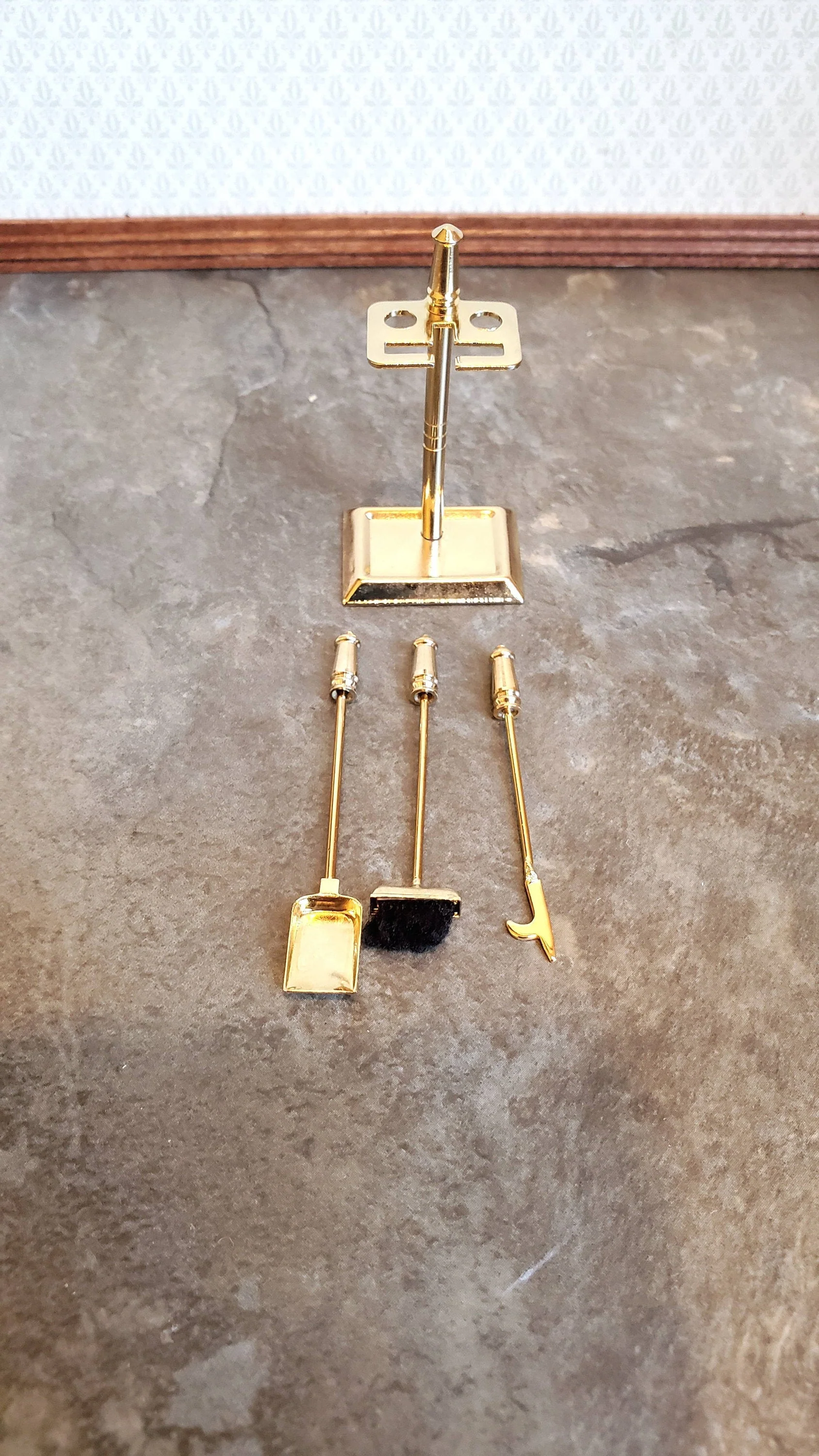 Dollhouse Miniature Fireplace Accessory Set Shovel Broom Poker Gold 1:12 Scale - Image 3