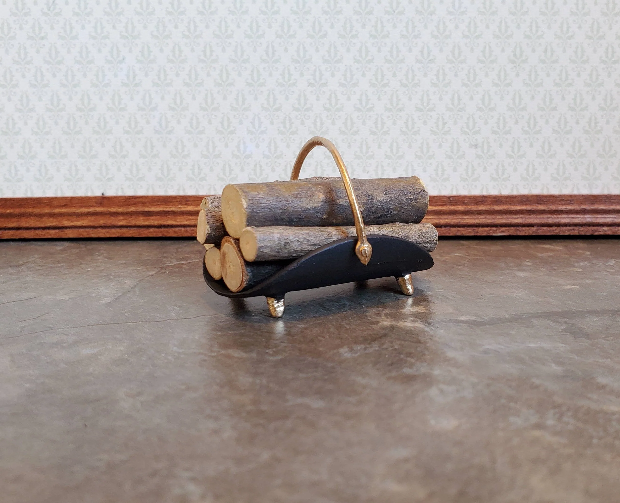 Dollhouse Miniature Fireplace Log Rack Holder with Logs Black Gold Metal 1:12 Scale - Image 2