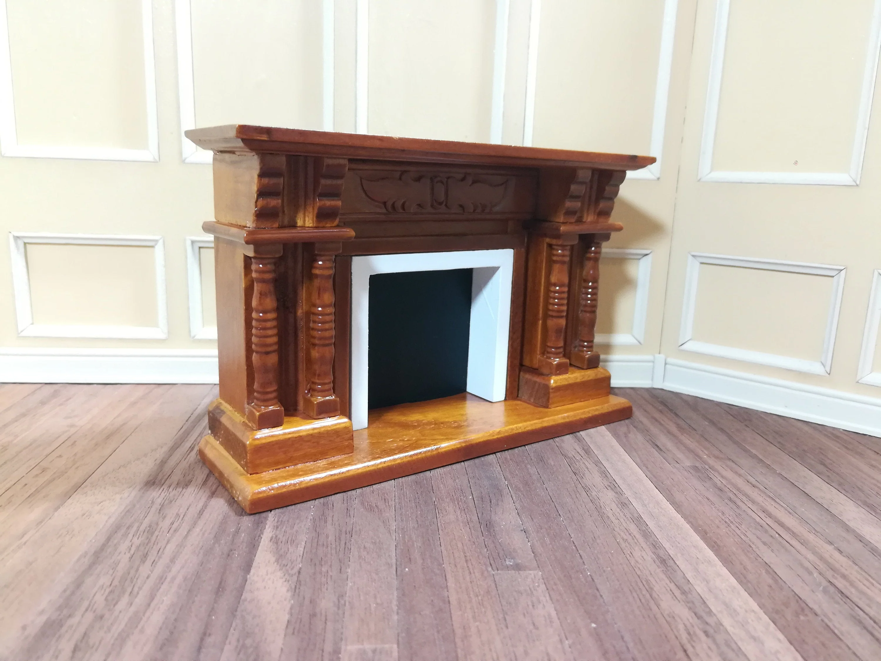 Dollhouse Miniature Fireplace with Columns Walnut Finish 1:12 Scale Furniture - Image 2