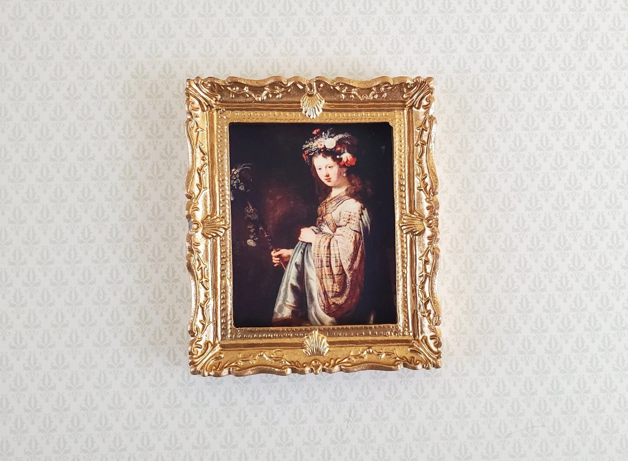 Dollhouse Miniature Framed Rembrandt Print "Flora" 1:12 Scale Woman with Flowers in her hair