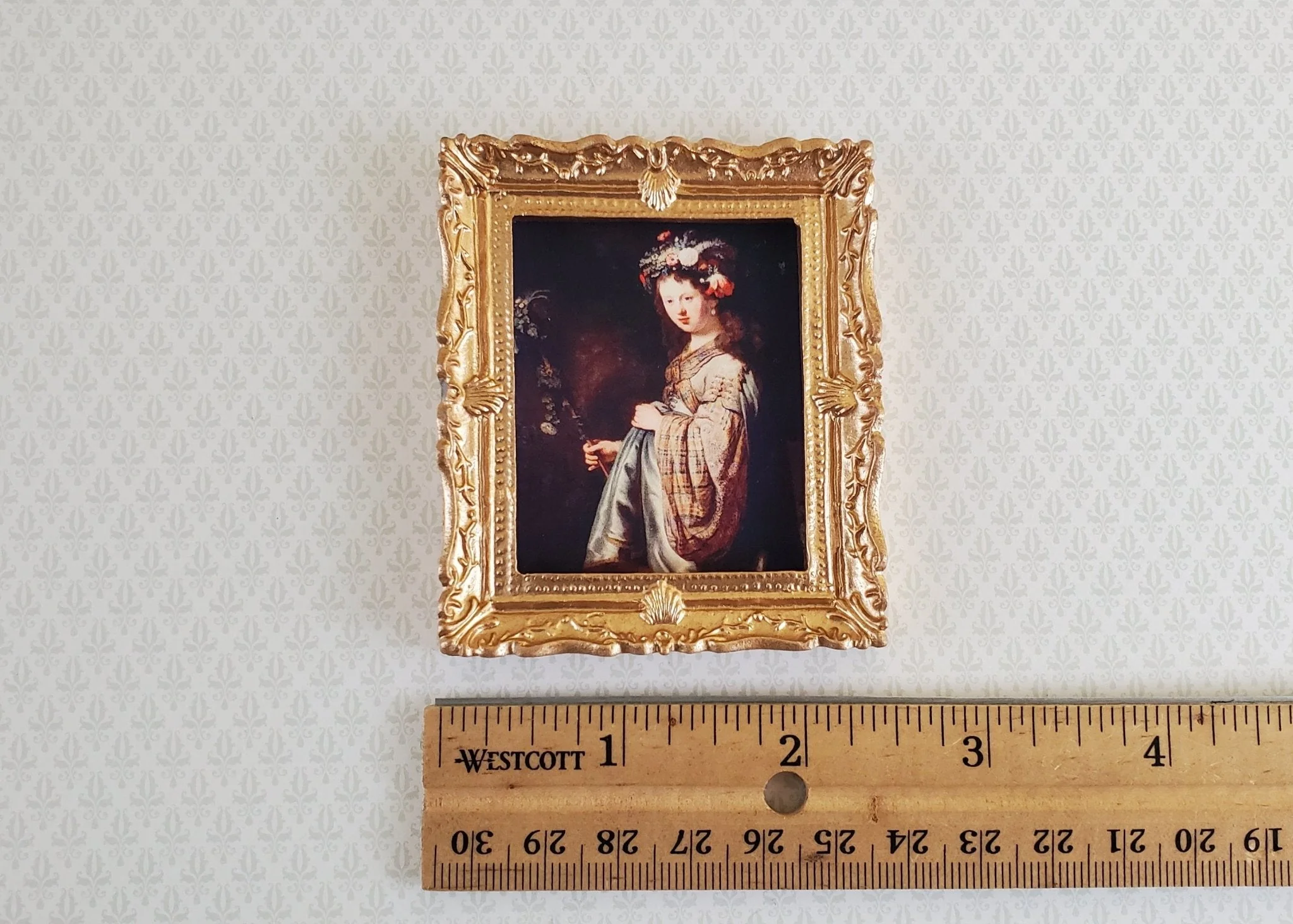 Dollhouse Miniature Framed Rembrandt Print "Flora" 1:12 Scale Woman with Flowers in her hair - Image 2