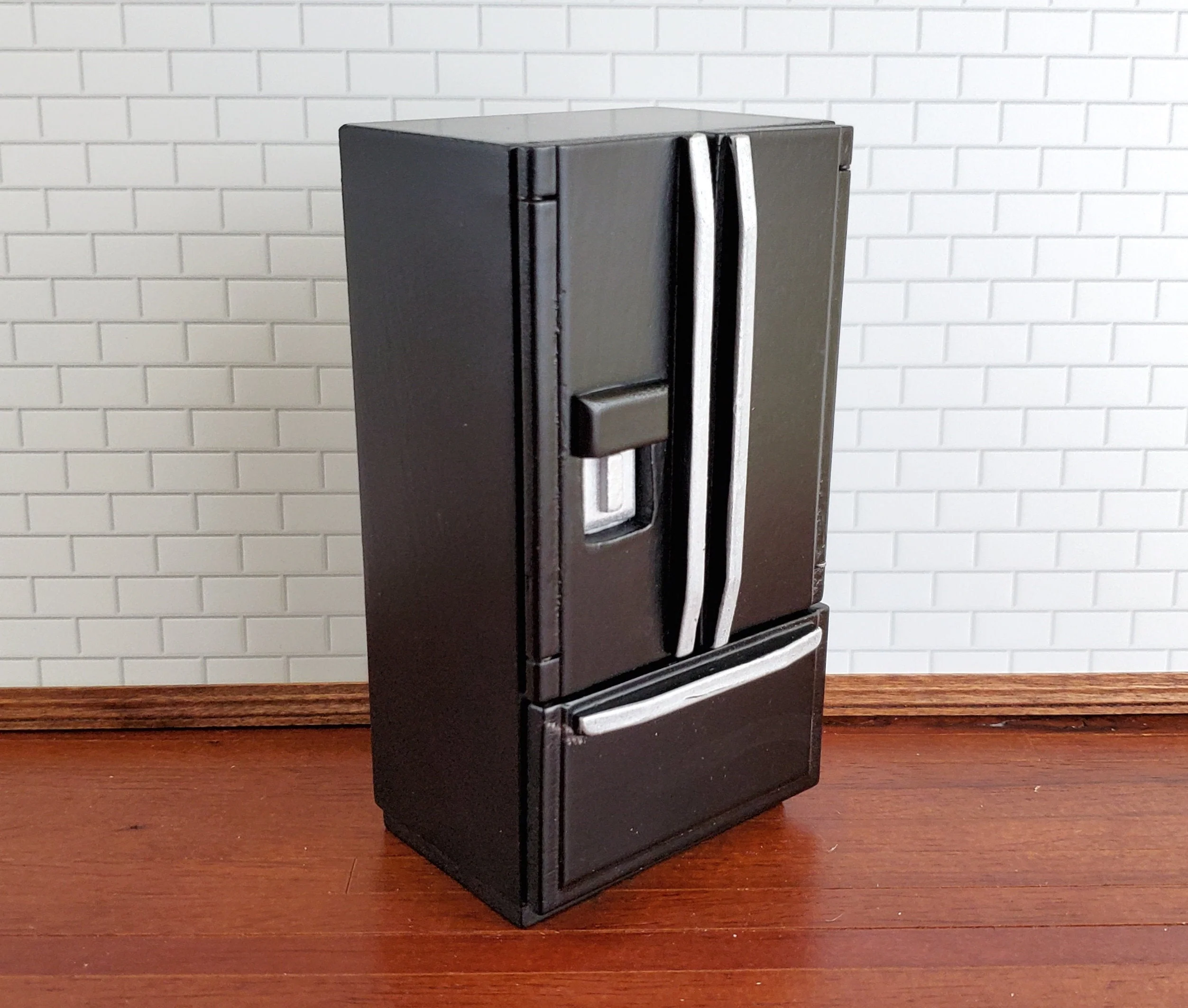 Dollhouse Miniature Fridge Modern Refrigerator Black 1:12 Scale Wood Furniture - Image 2
