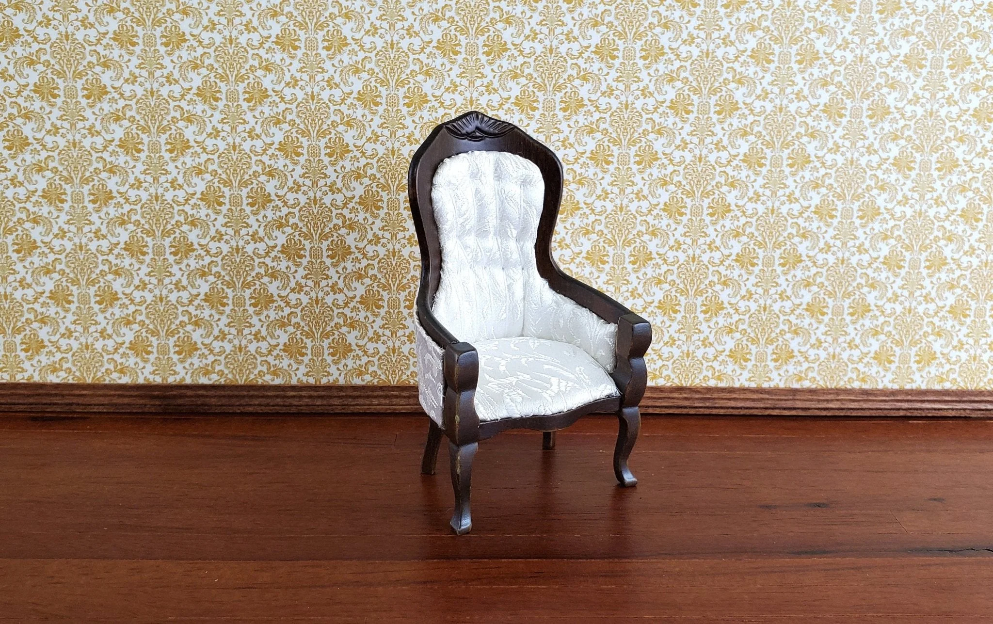 Dollhouse Miniature Gentlemen's Chair Victorian White Dark Walnut Finish 1:12 Scale Furniture